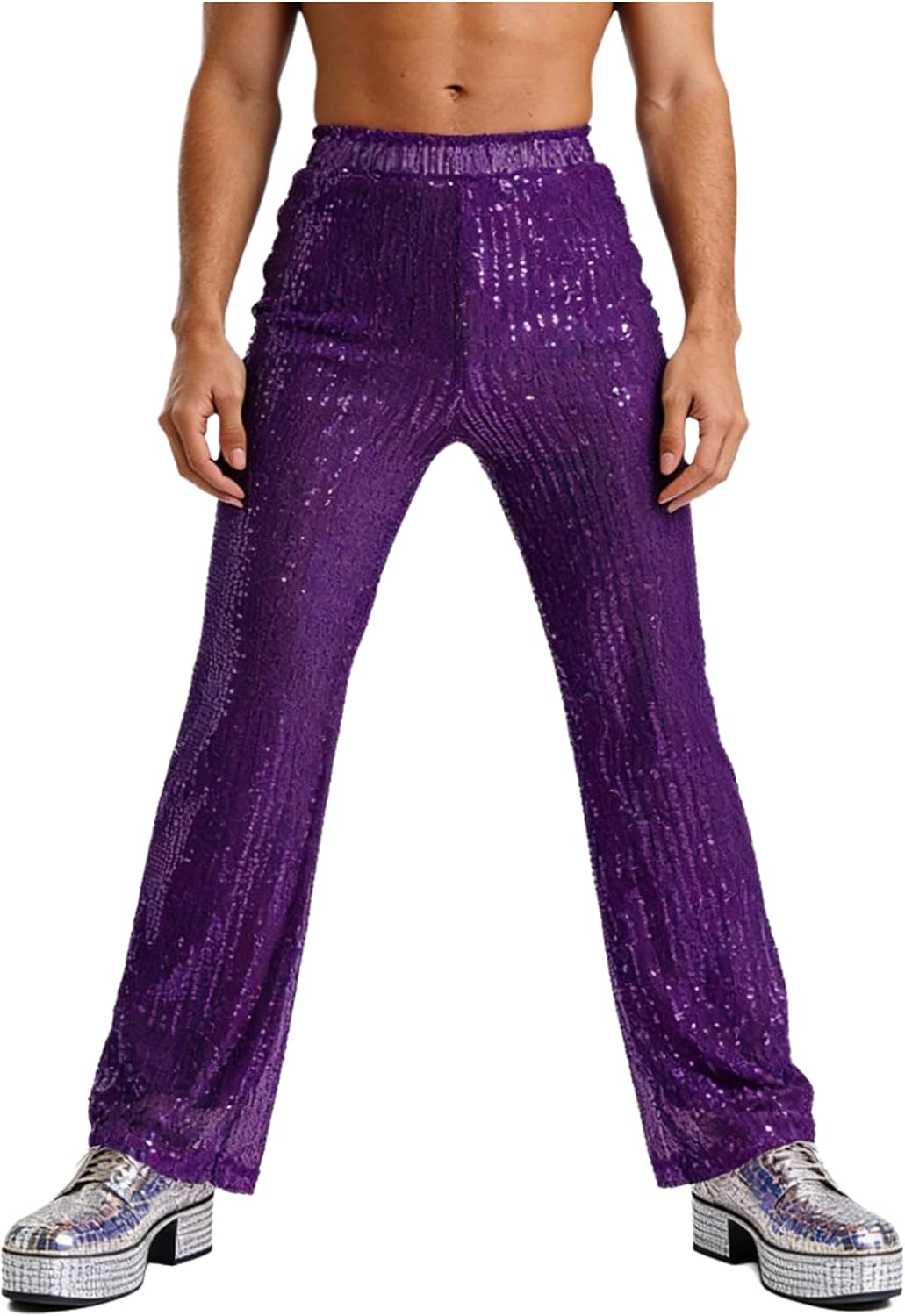 Adult Mens 70s Disco Pants Slim Fit Retro Flared Trousers Sequins Bell Bottoms Trousers Rave Pants