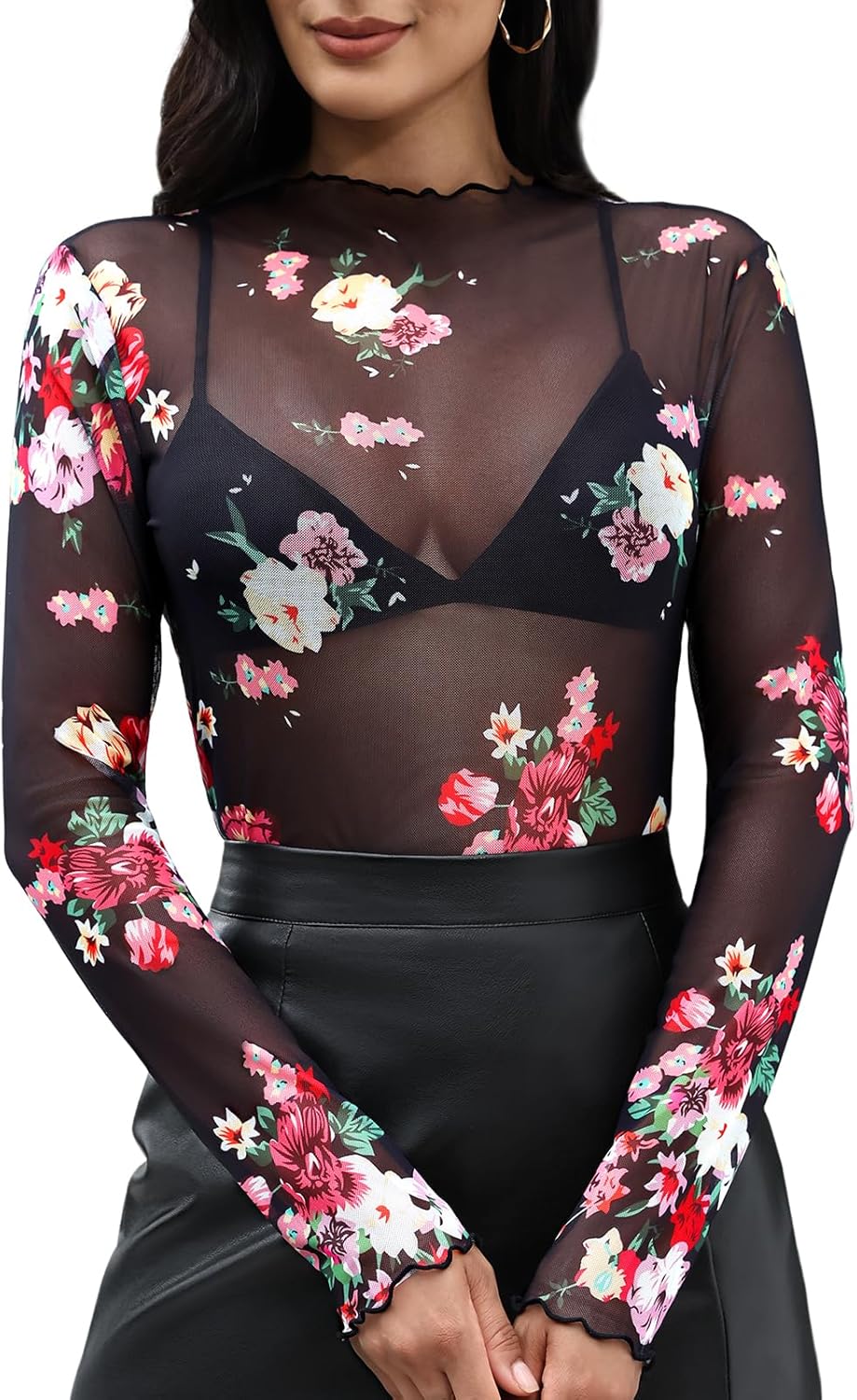 Womens Mesh Tops Lace Long Sleeve Shirts Mock Neck Slim Fitted Top See Through Tee Shirts Party Club Night Lace Blouse