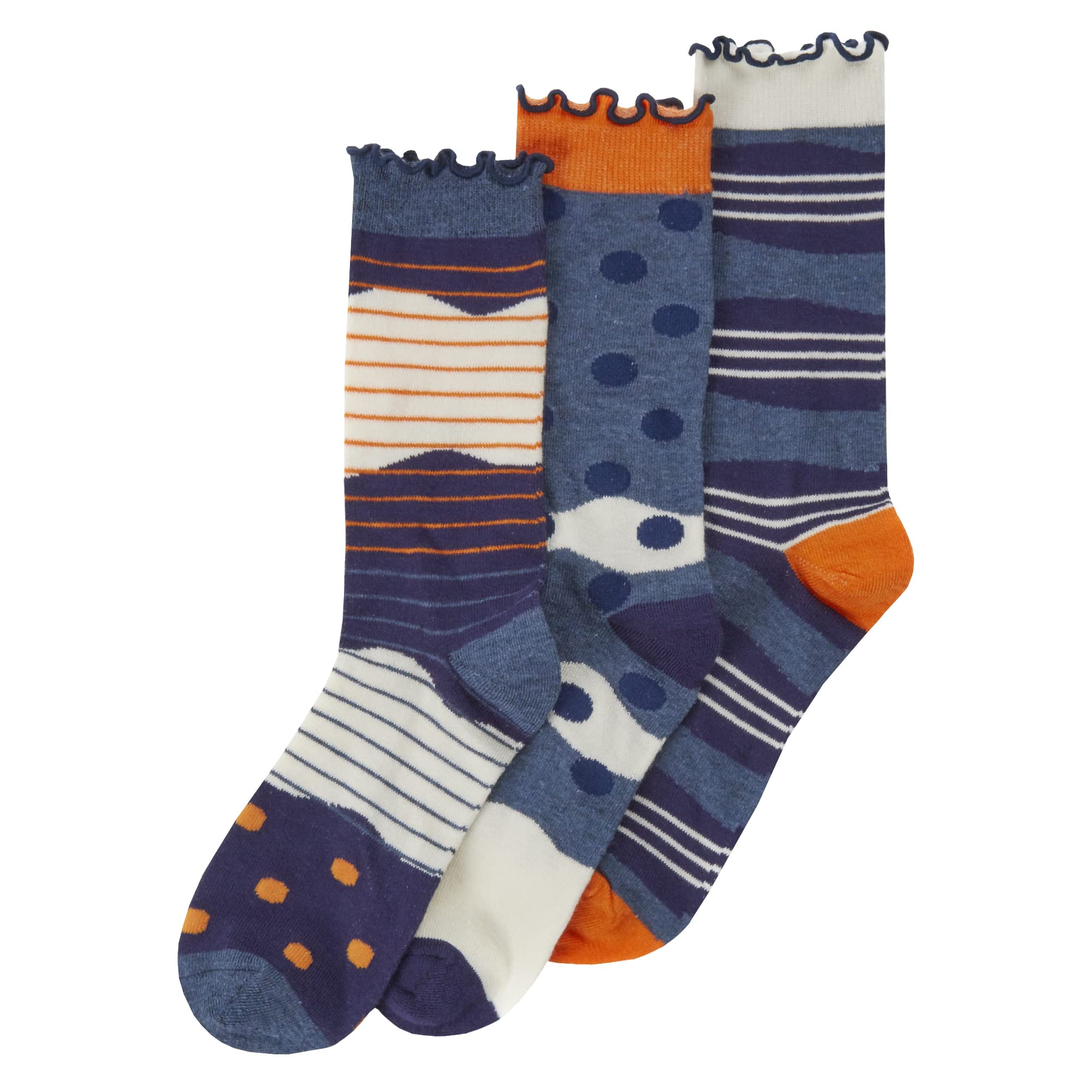 Metzuyan WS-SS23 Ladies Bamboo Ruffle Edge Ripple Loose Top Crew Socks Abstract Patterned Mid Calf Socks 3 Pairs Blue UK 4-8