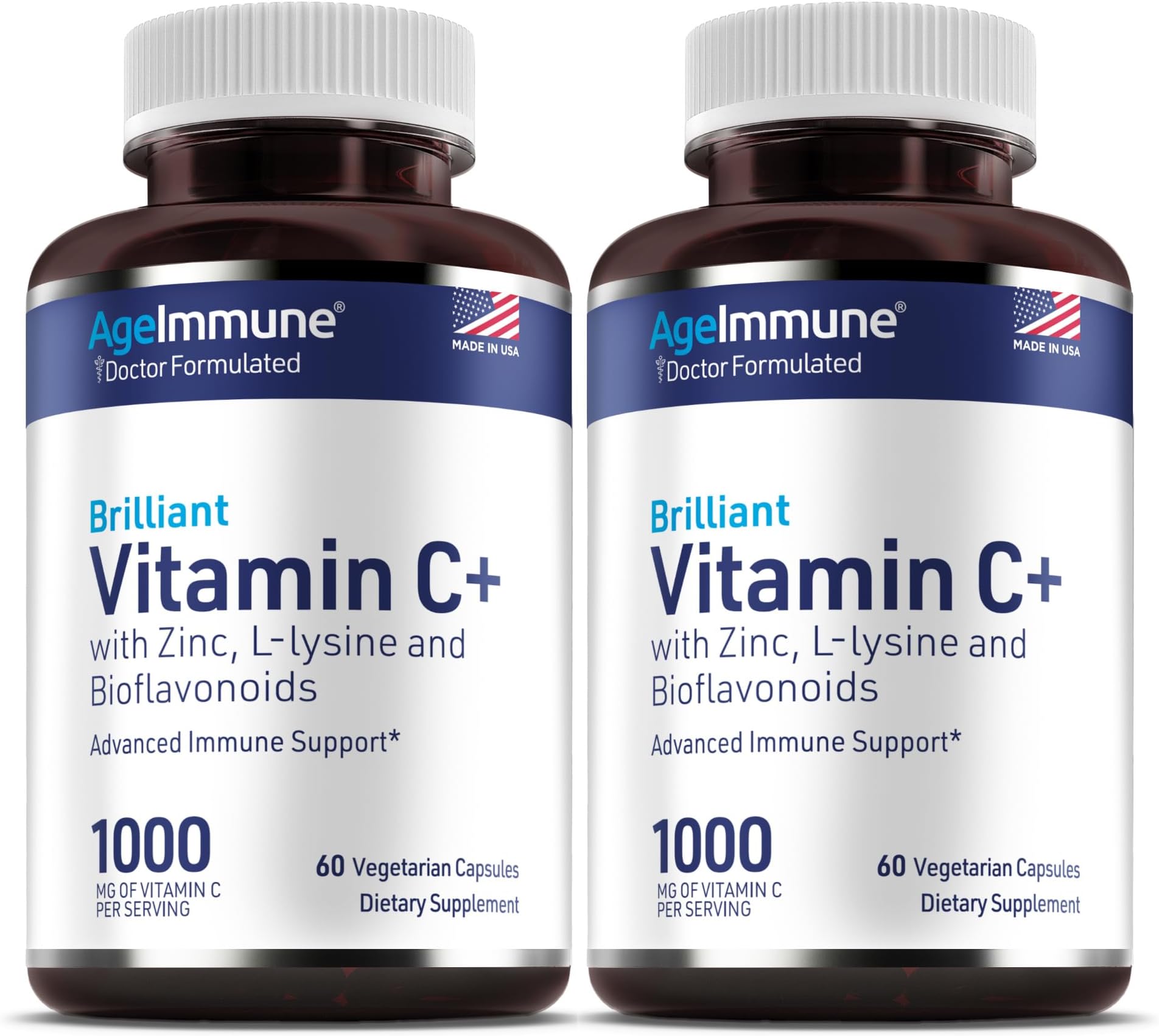 Vitamin C 1000mg Complex with L-Lysine 500mg, Zinc Gluconate 12mg, Bioflavonoids 300mg. Doctor Formulated Magnesium Stearate Free Supplements for Healthy Immune System Support. Two Bottles.(2)