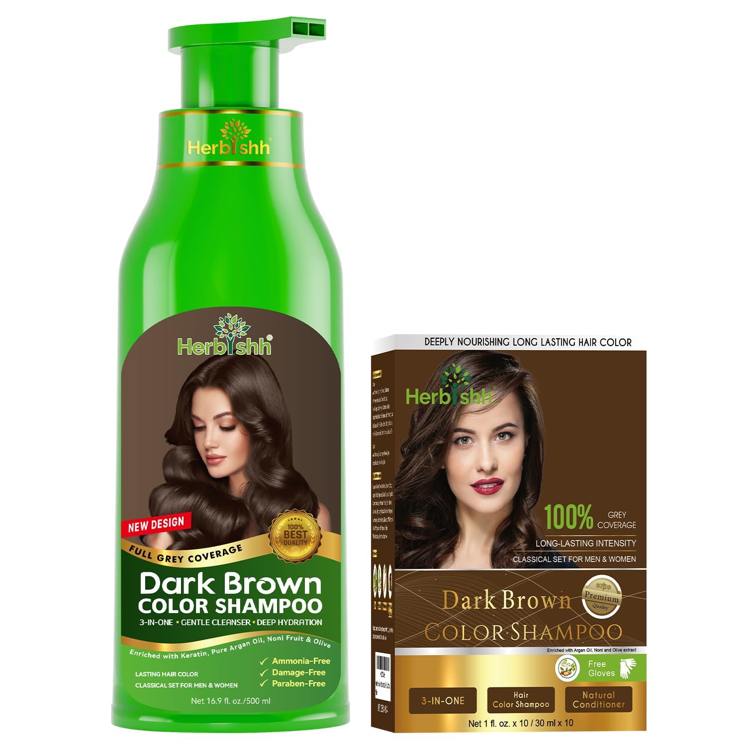 Herbishh Dark Brown 3 in 1 Hair Dye Shampoo 500 ML + Travel Size Dye Shampoo pack of 10, 30 ML Each - Champu Para Canas Muje