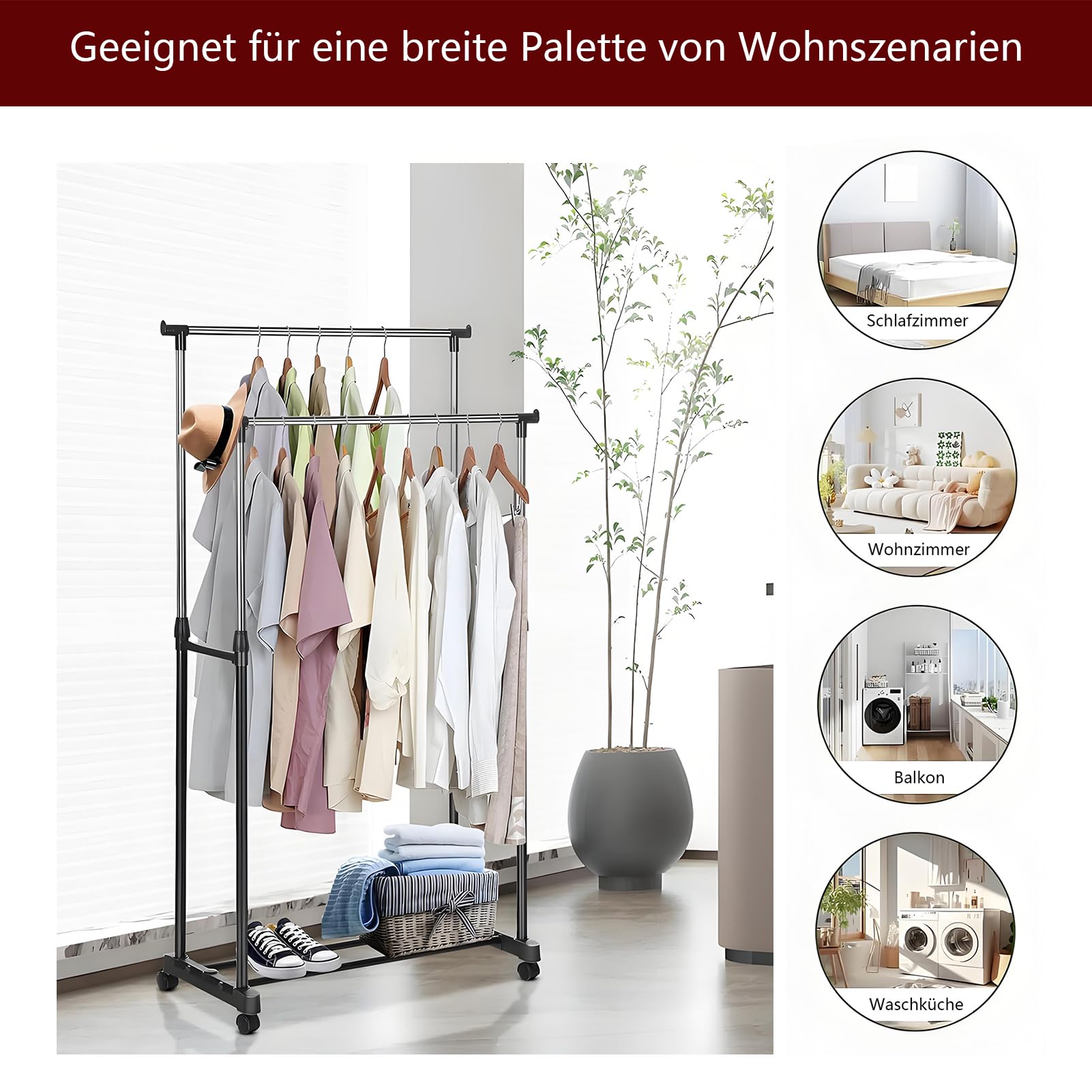 Kleiderständer mit Rollen Tragbarer Kleiderständer Höhenverstellbare Stabiler Kleiderstange 90-160cm Ausziehbare Hängeschienen Metallrahmen Schwarz für Schlafzimmer Waschräume