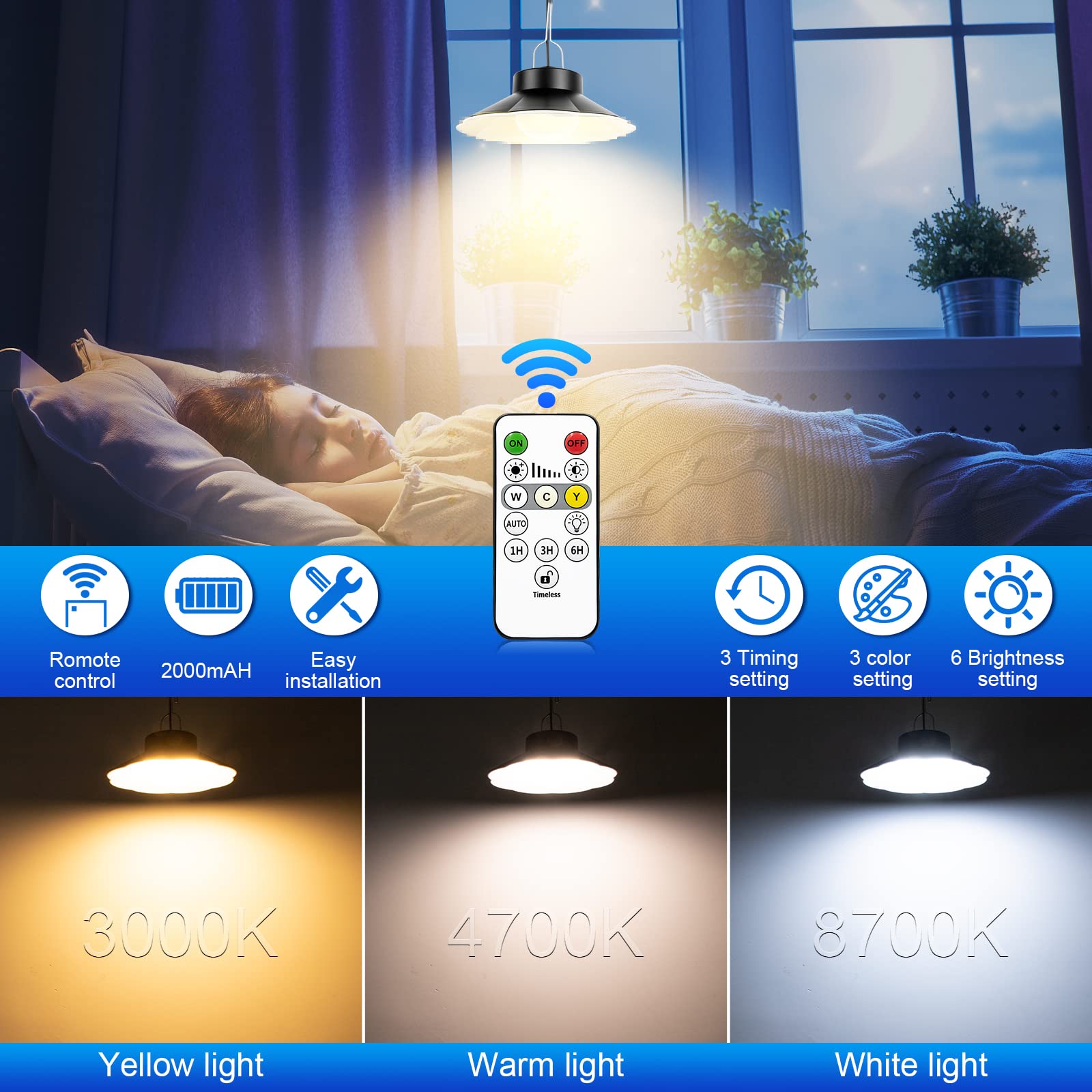 AGOTD Lampada Solare da Esterno, Lampada a Sospensione Solare con Telecomando, 3 Colore, Cavo 5M, 6Luminosità, IP65 Impermeabile, Illuminazione per Giardino Balcone Vialetto