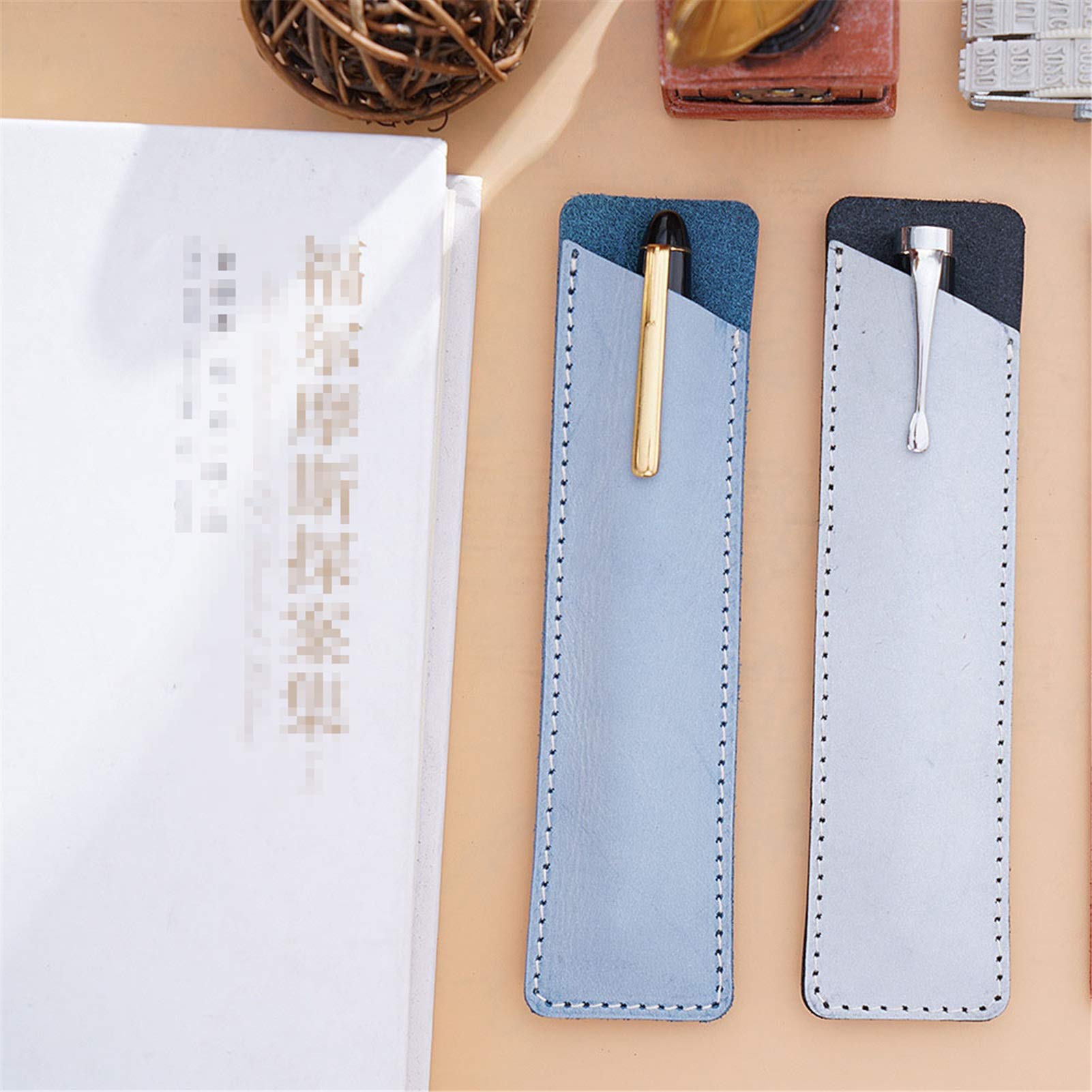 Estuches para lápices, funda para bolígrafo, estuche para bolígrafo hecho a mano de cuero genuino, estuche doble para bolígrafo, caja de almacenamiento para fuente (rojo, 16 x 4 cm) (marrón 16 x 4 c