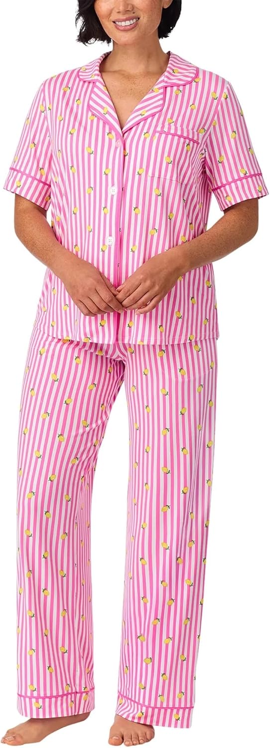 Room Service Women’s Pajama Sets, Short Sleeve Soft Stretch Button-Down Top with Open Leg Pants, 2-Piece Lounge Set