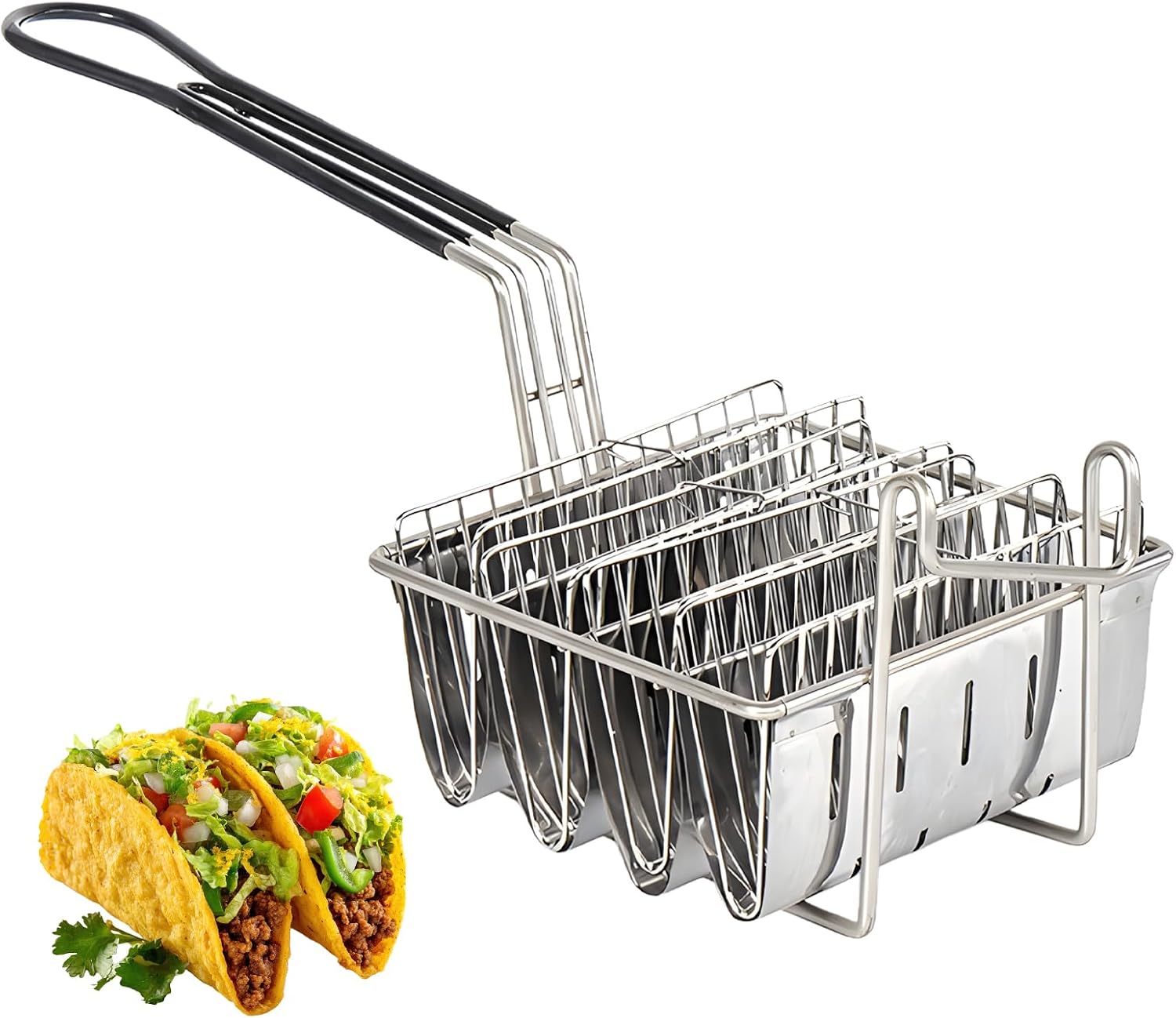 Taco Fryer Basket for 4 Shells, Shell Mold with Handle, 16.5 X 6.5 X 3.1 in, Sturdy Iron Taco Maker