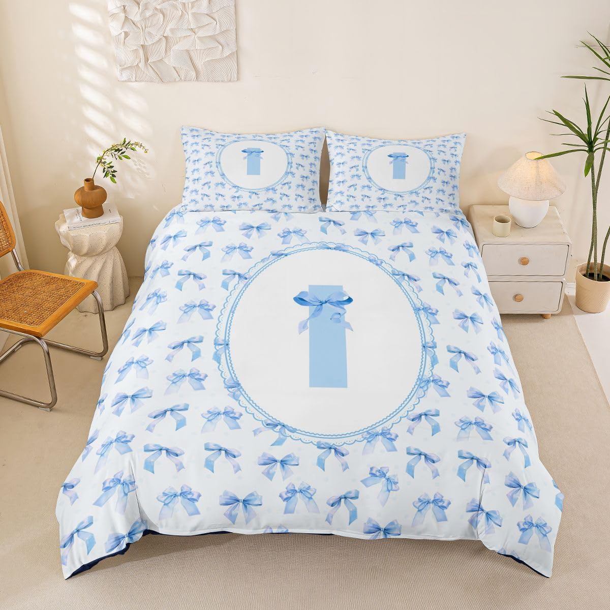 Feelyou Bow Duvet Cover Toddler Size Personalized Letter T Bedding Set for Boys Girls Dreamy Princess Comforter Cover Bedroom Decor 2Pcs