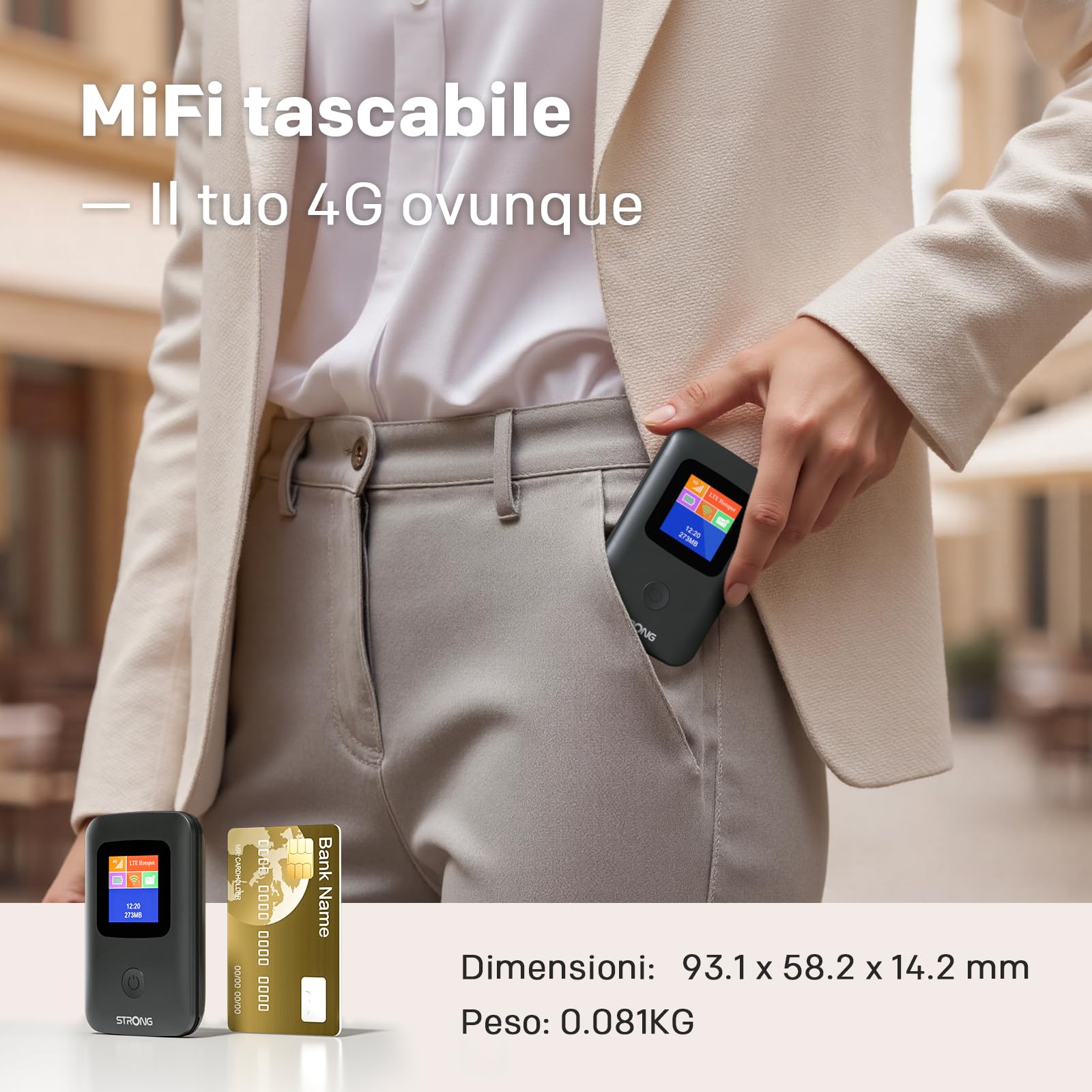STRONG 4GMIFI150CD Saponetta WiFi con SIM, CAT4 150 Mbps | Display a Colori, Hotspot WiFi per Viaggi e Lavoro Mobile, Condivide 4G con 10 Dispositivi, Batteria 2100 mAh & USB-C