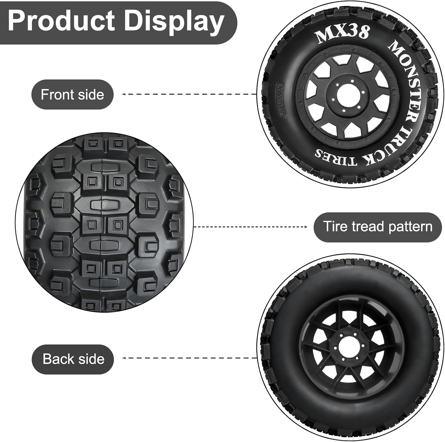 LRFHL MX38 F/R 3.8" RC Tire and Wheels 1/8 RC Monster Truck Tires with 17mm Hex Adapter for Arrma Notorious Outcast Kraton 6S Traxxas E-Revo 1/7 1/8 RC Truck Car (4PCS, Black)