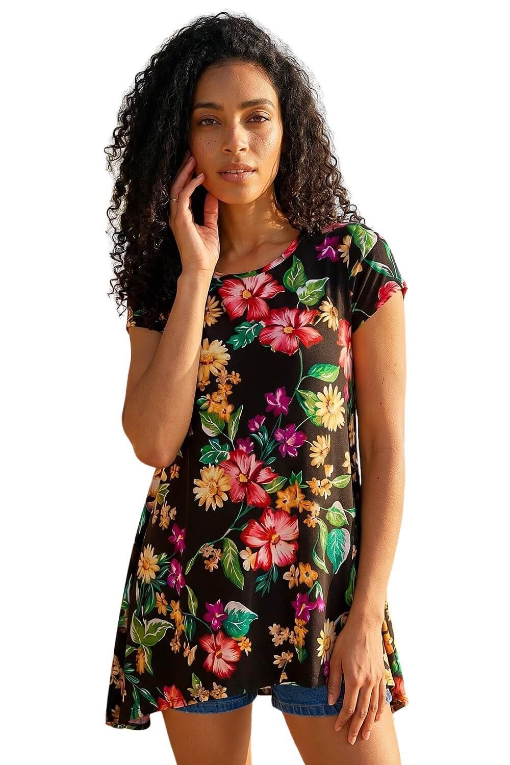 Roman Originals Hanky Hem Tunic Top for Women UK - Ladies Longline Blouse Asymmetric Hemline Short Sleeves Casual Slouch Loose Summer Spring Relaxed Comfortable - Floral Noir - Size 16