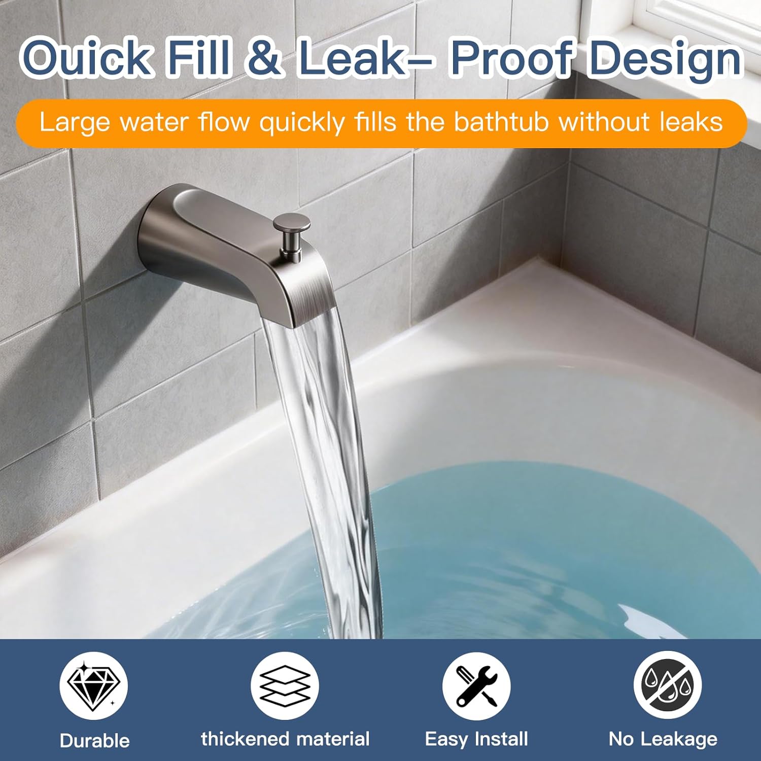 Tub Spout with Diverter, Heavy Duty All Metal Bathtub Faucet with Brass,Shower Slip-on Bathtub Faucet for 1/2 Inch Copper Pipe,5-3/8 Inch Bath Tub Faucet Replacement,Brushed Nickel