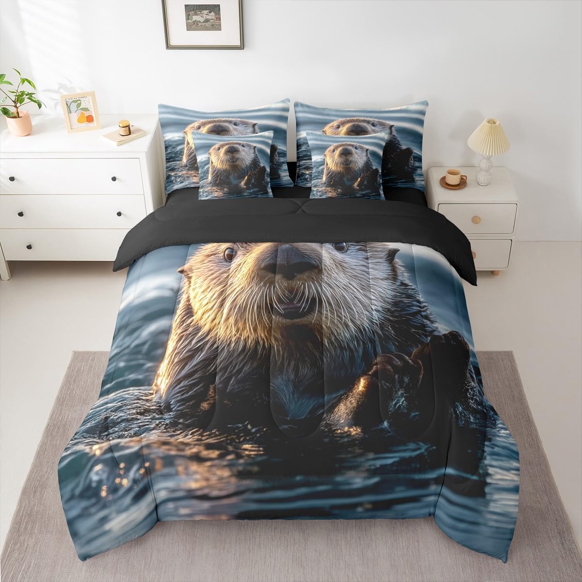 Erosebridal Cute Sea Otter 7 Piece Bedding Set Full Size,3D Sea Otters Comforter Set for Otter Lovers,Ocean Life Bed Sheets,Kawaii Sea Otter Quilt Set Bedroom Decor Soft Warm