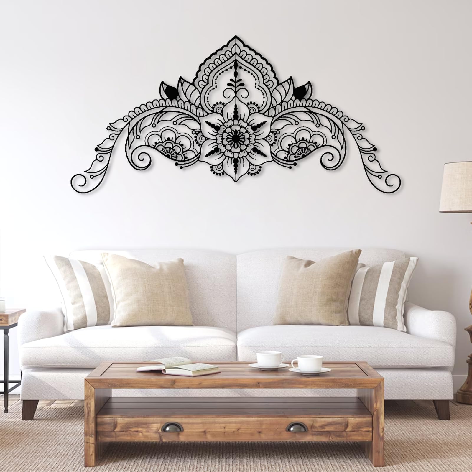 Grande Décoration Métal Mandala 150x72 cm Noir Découpé au Laser pour Salon Chic