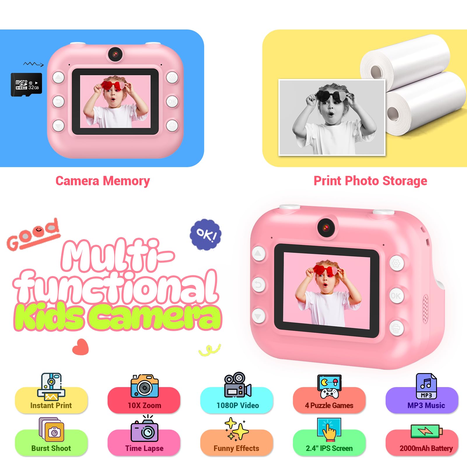 Dancial Macchina Fotografica Bambini Istantanea, 2,4 Pollici Fotocamera Bambina con Carta da Stampa e 32G, 12MP/1080P HD Videocamera Digitale con Stampante, Regalo Bambina Bambino 3-12 Anni (Rosa)