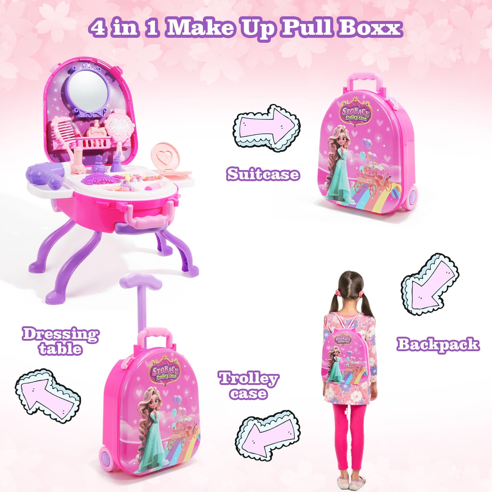 4 in 1 Girls Vanity Set Dress Up Toy Vanities 40 PCS Toddler Vanity with Fashion Accessories, Pretend Makeup for Toddlers 3-5, Play Makeup for Girls 3-7 Best Birthday Christmas Festival Gift