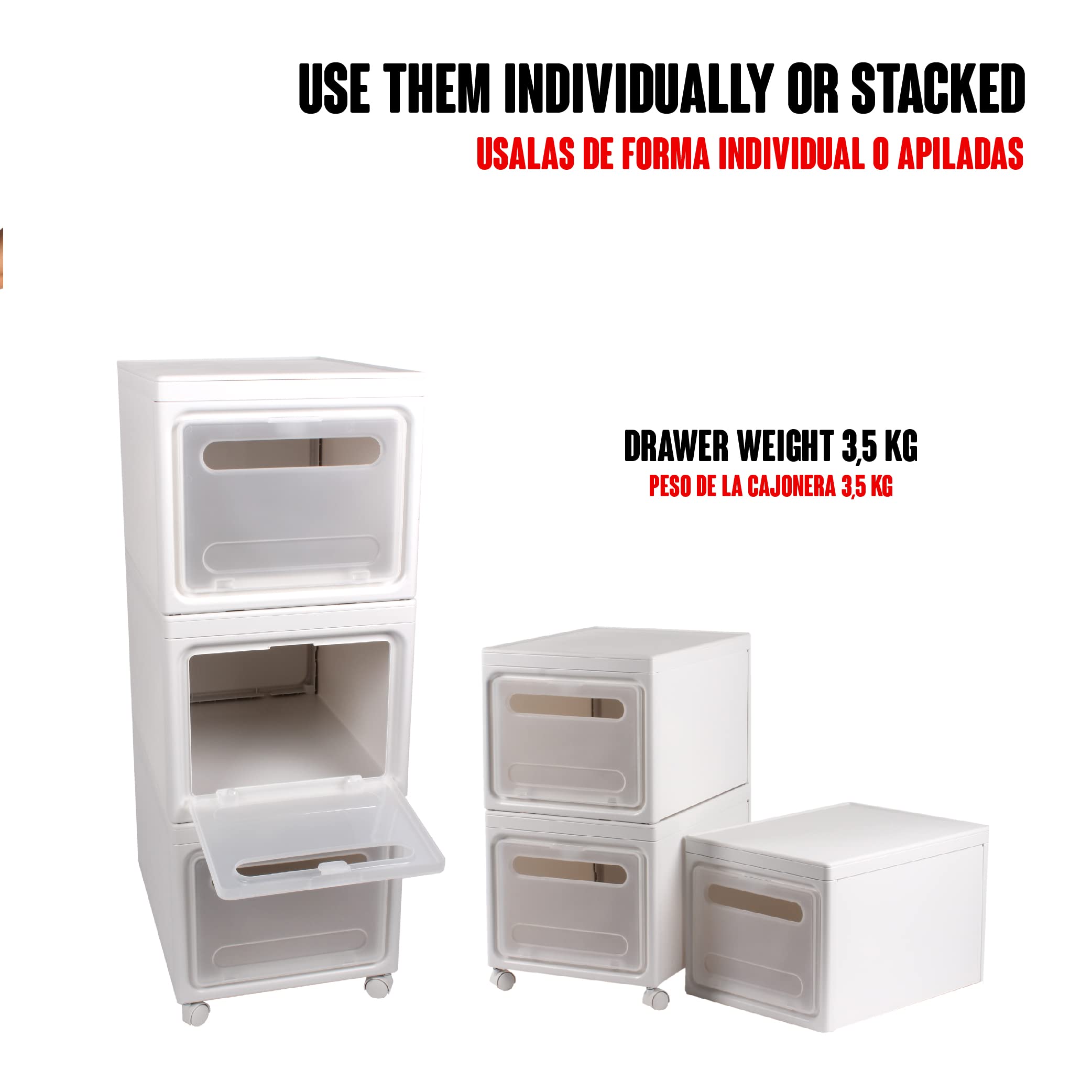 Cajas de Almacenaje Apilables con Tapa 3 Cajoneras de Plastico Organizador Estanterías con Ruedas Mueble Flexible Puntas Redondeadas Ahorra Espacio Tamaño Caja 38x38x25 Total 38x38x75