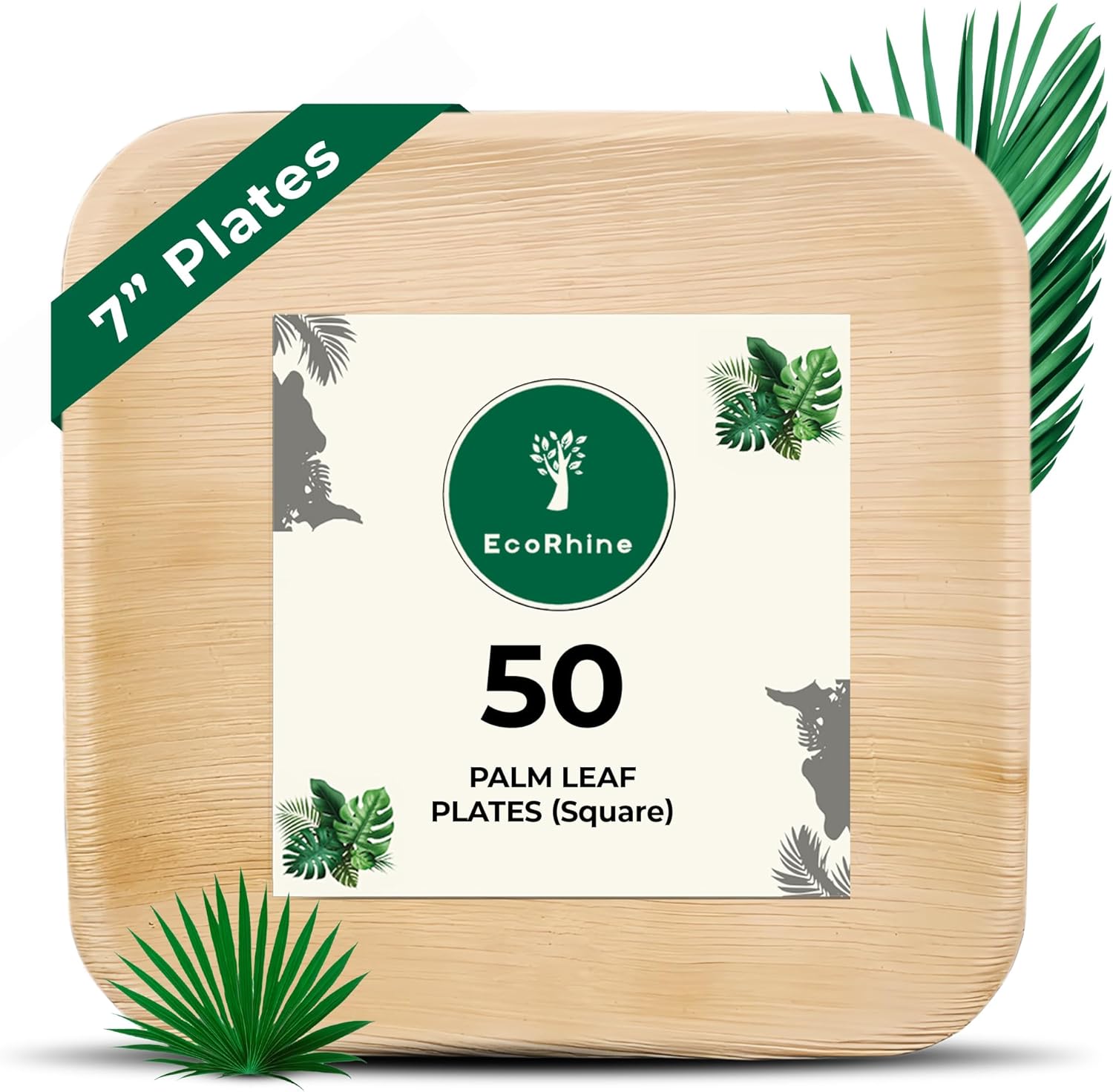 Palm Leaf Disposable Plates – Bamboo Plates Disposable 7 Inch Square (50pc) – 100% Compostable & Biodegradable Plastic-Free Plates – Heavy-Duty, Party Dinnerware Set – Microwave & Oven Safe