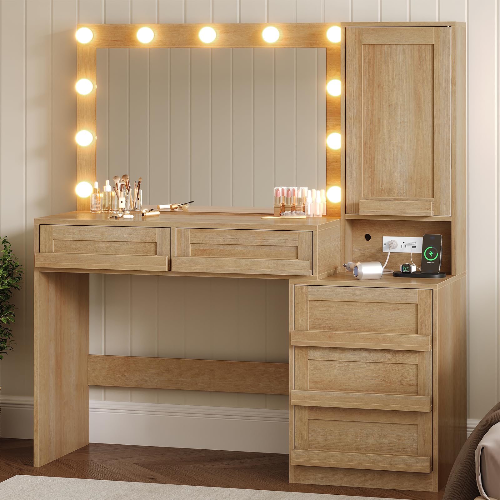BTHFST Vanity Desk with Large Mirror and Hollywood Style Lights, Makeup Vanity with Charging Station, Makeup Table with 5 Drawers & Dustproof Cabinet, Natural Oak (Open Box)