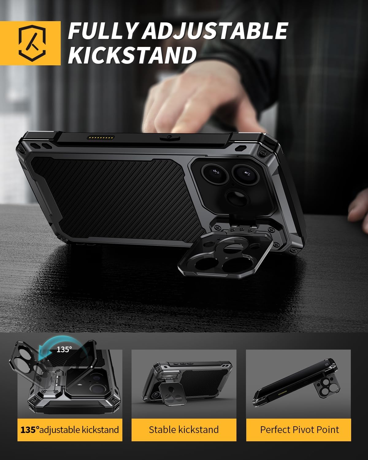 Lanhiem for iPhone 17 Metal Case with Kickstand, Compatible with MagSafe, Built in Tempered Glass Screen Protector, Full Body Camera Protection, Heavy Duty Rugged Military Phone Case, Black
