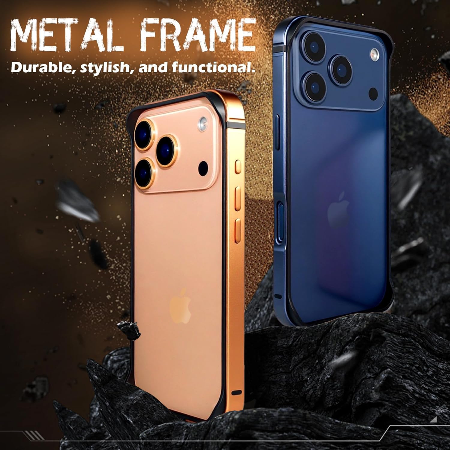 Funda con Marco Metálico para iPhone 17 Pro Max/17 Pro, Parachoques a Prueba de Caídas con Esquinas Elevadas y Disipación de Calor, sin Placa Trasera.-Black||17 Pro