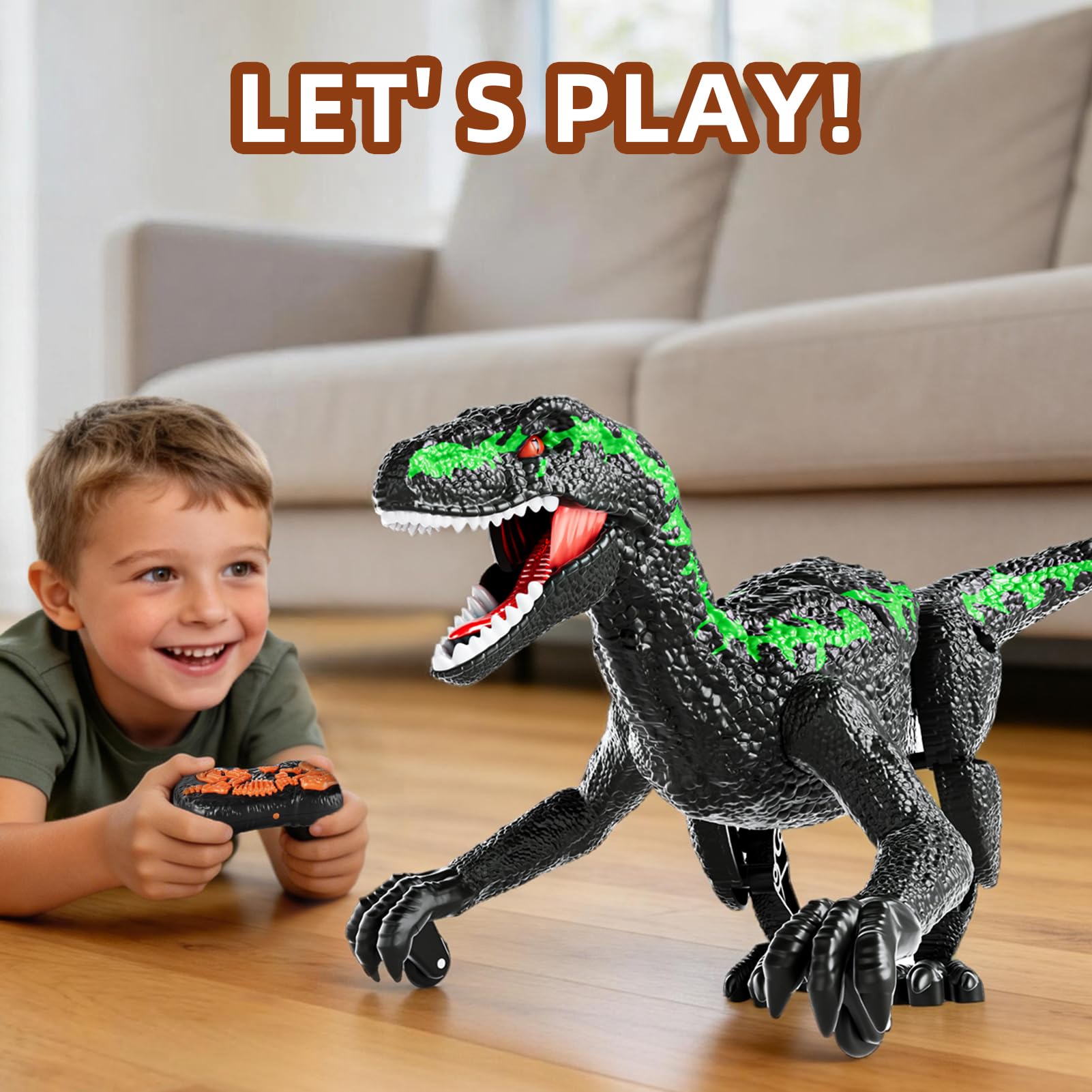 Dinosauro radiocomandato verde, regalo di compleanno per bambini 3-12 anni. Modello robot realistico con cammino, ruggiti ed effetti luce LED