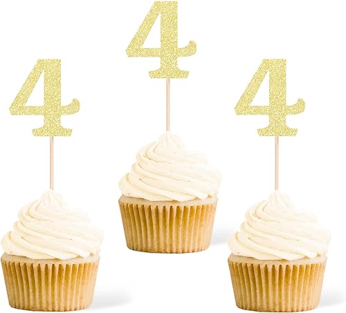 Gexolenu 24 piezas doradas de doble cara para cupcakes de 4 cumpleaños, decoración de purpurina para tartas de 4 años, decoraciones de fiesta de Gexolenu 24 piezas doradas de doble cara para cupcakes de 4 cumpleaños, decoración de purpurina para tartas de 4 años, decoraciones de fiesta de