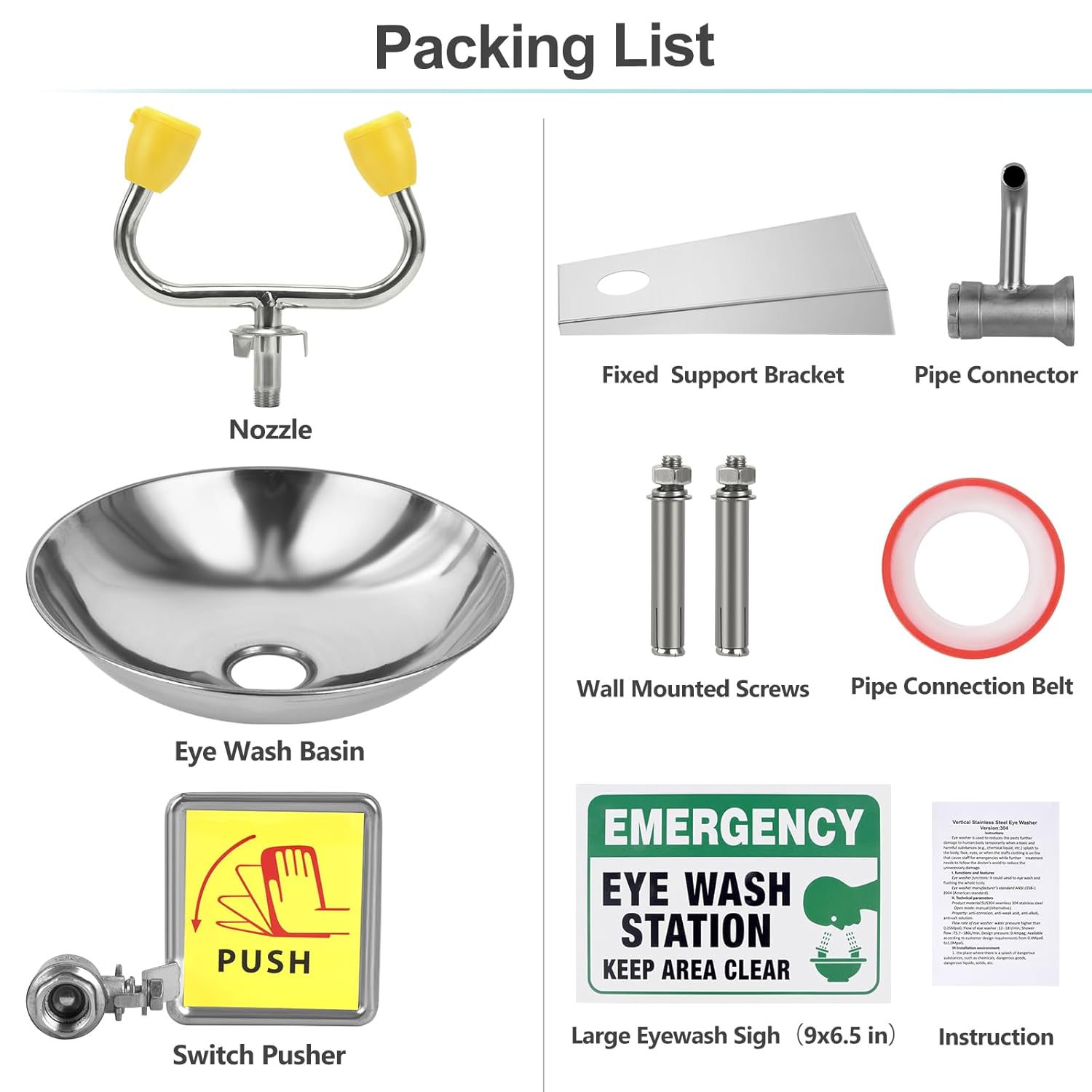 Stainless Steel Eye Wash Station, Wall-Mounted Emergency Eye Washer- Multifunctional Nozzle, OSHA Approved, Eye Irrigation Sign & Enlarged Basin