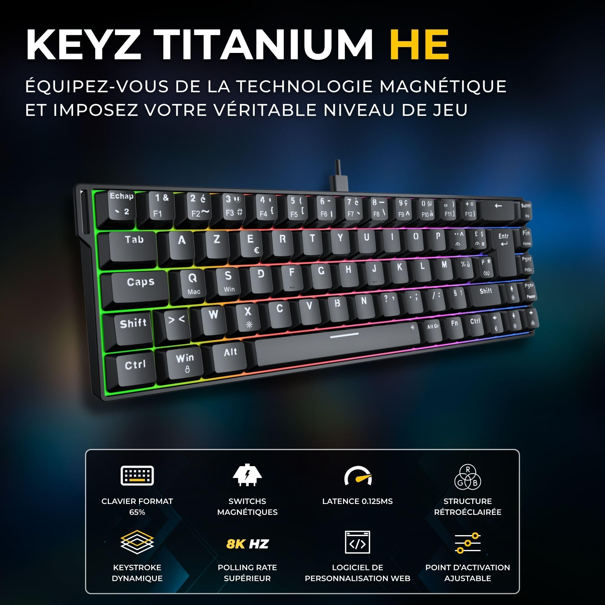 The G-Lab Keyz Titanium HE - Clavier Gamer Magnétique 65% Hot Swap | AZERTY FR, Switch Magnétique Hall Effect, Format 65%, Hot Swap, RGB, Compatible PC/PS4/PS5/Xbox