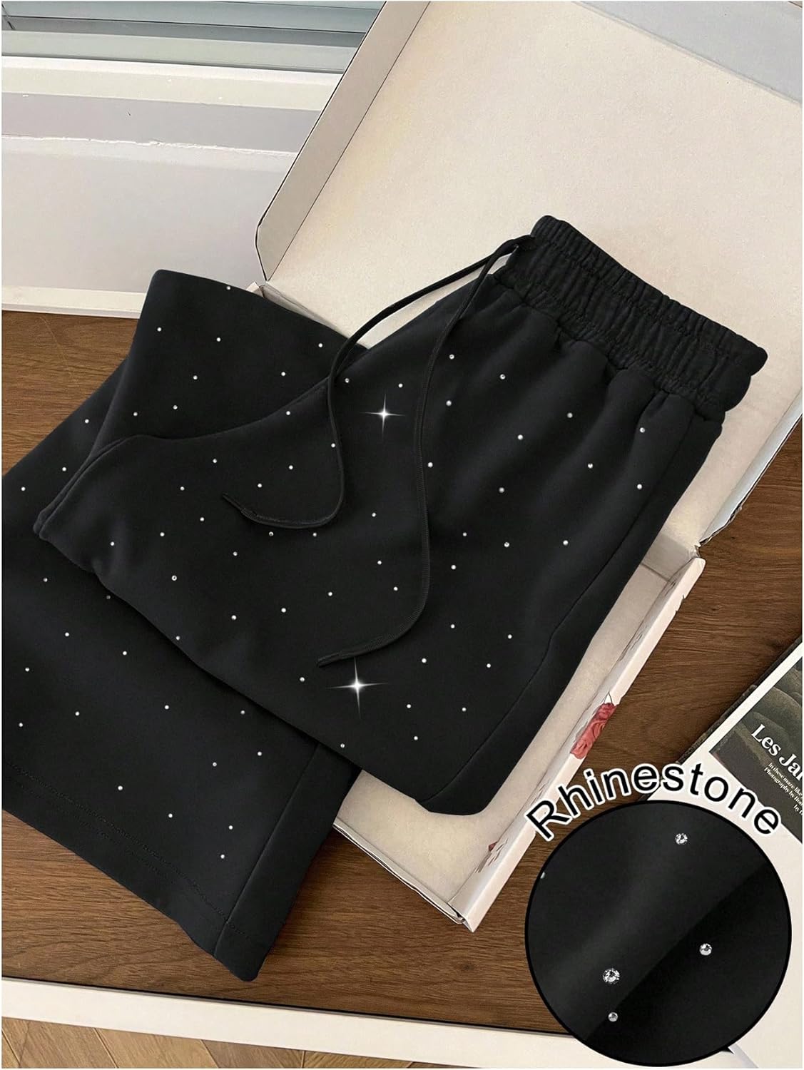 SHENHE Women's Baggy Sweatpants Wide Leg Drawstring Rhinestone Casual Loose Pants with Pockets - Image 3