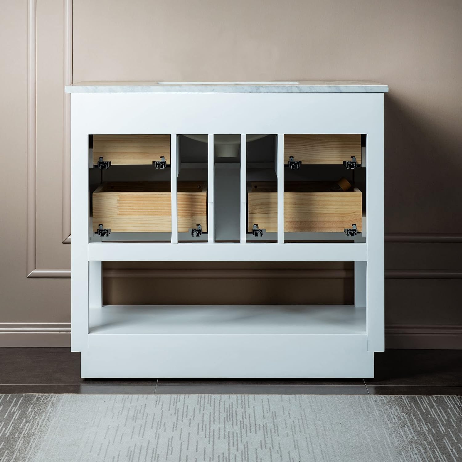 WOODBRIDGE Venice 43" W x 22" D Bath Vanity in White with Engineered Marble Vanity top in Fish Belly with White Basin with 8" cc Faucet Holes