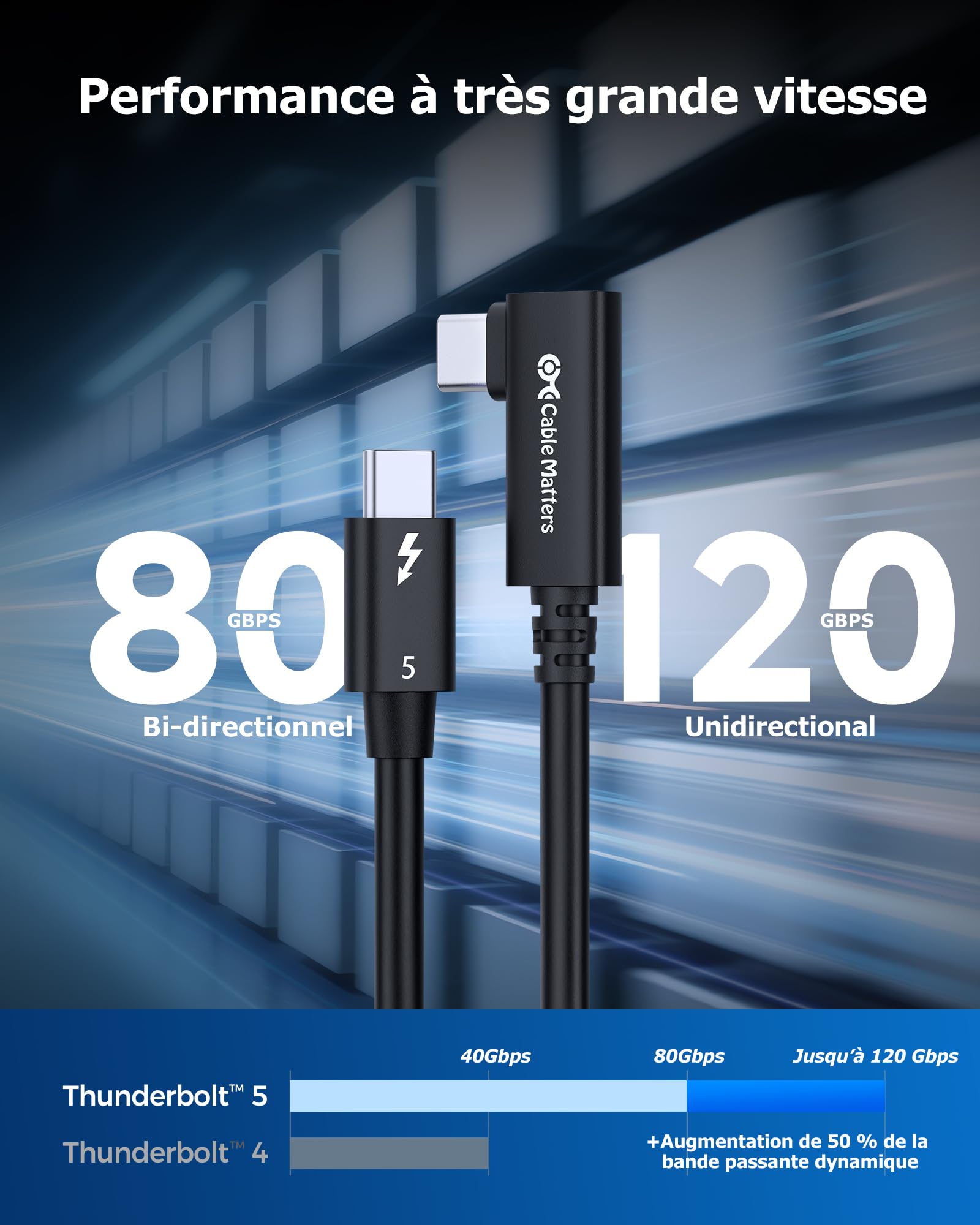 Cable Matters [Certifié Intel Câble Thunderbolt 5 à angle droit 80G avec augmentation de la bande passante jusqu'à 120G et charge de 240 W - 0,8 m, compatible avec Thunderbolt 4, USB4 et USB C, noir