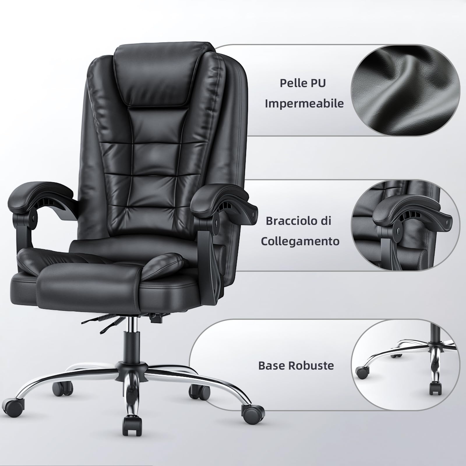 naspaluro Sedia da Ufficio Ergonomica, Poltrona Direzionale con Sedile Largo, Sedia Ufficio Reclinabile con Braccioli Imbottiti et Altezza Regolabile (Nero Intenso, Senza Poggiapiedi)
