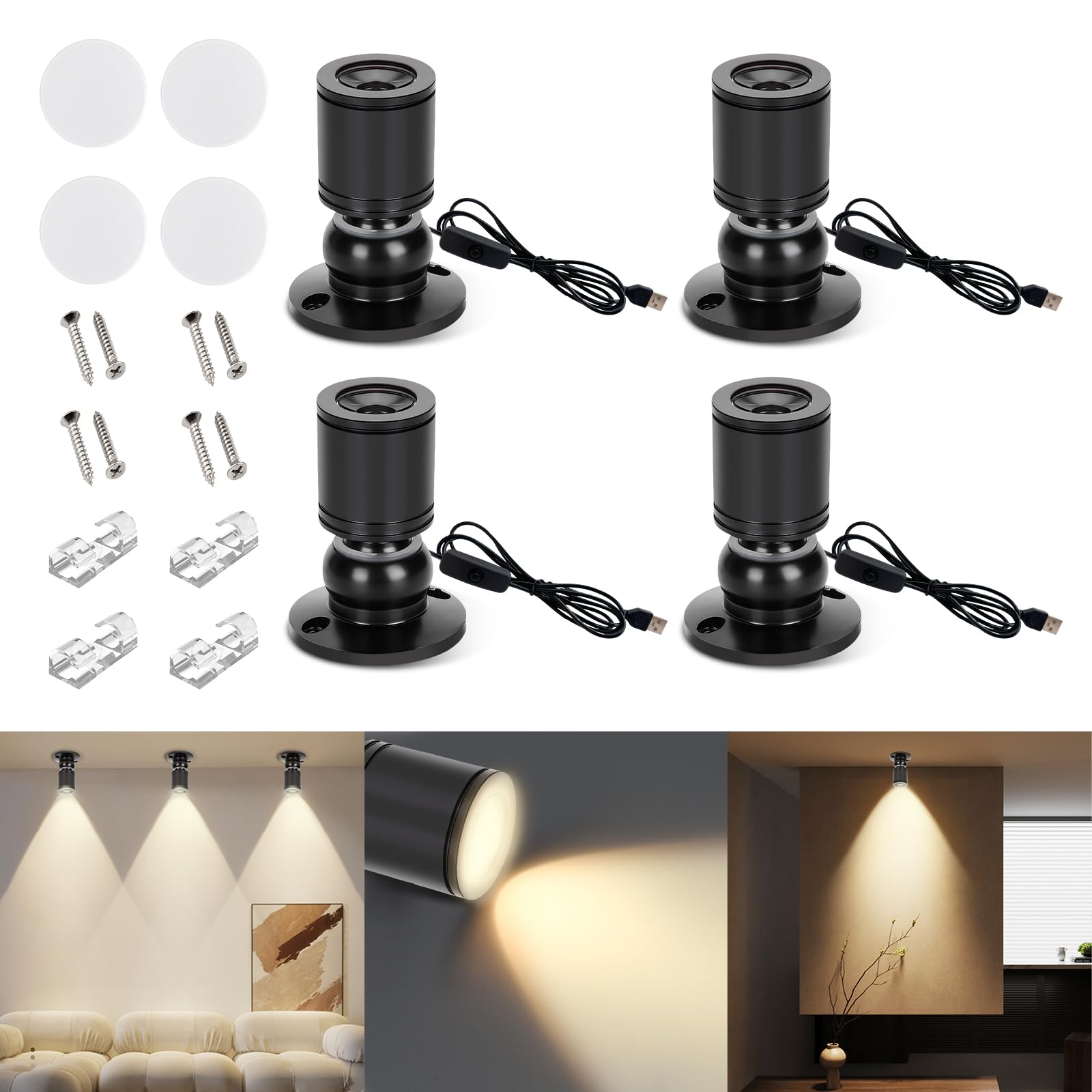 AMFUN 4PCS 360° Schwenkbar Aluminium Spotlight, 5V 1W Mini LED Spot Licht, USB LED-Strahler für Zuhause, Hotel, Schmuck, Dekoration, Malerei, Pflanzen, Weinschrank (4000 K Neutrales Licht)