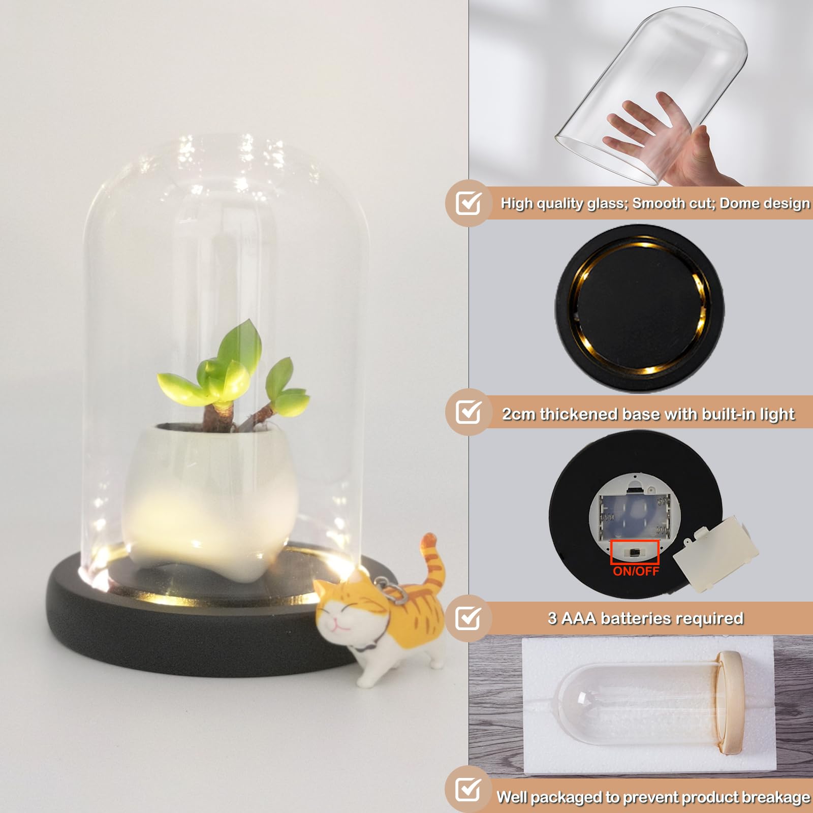 Campana di Vetro con Base in Nero, Cloche a Cupola in Vetro Trasparente con Luce, Espositore a forma di campana, in vetro, con decorazione a cupola, 3.5" D X 4.7" H