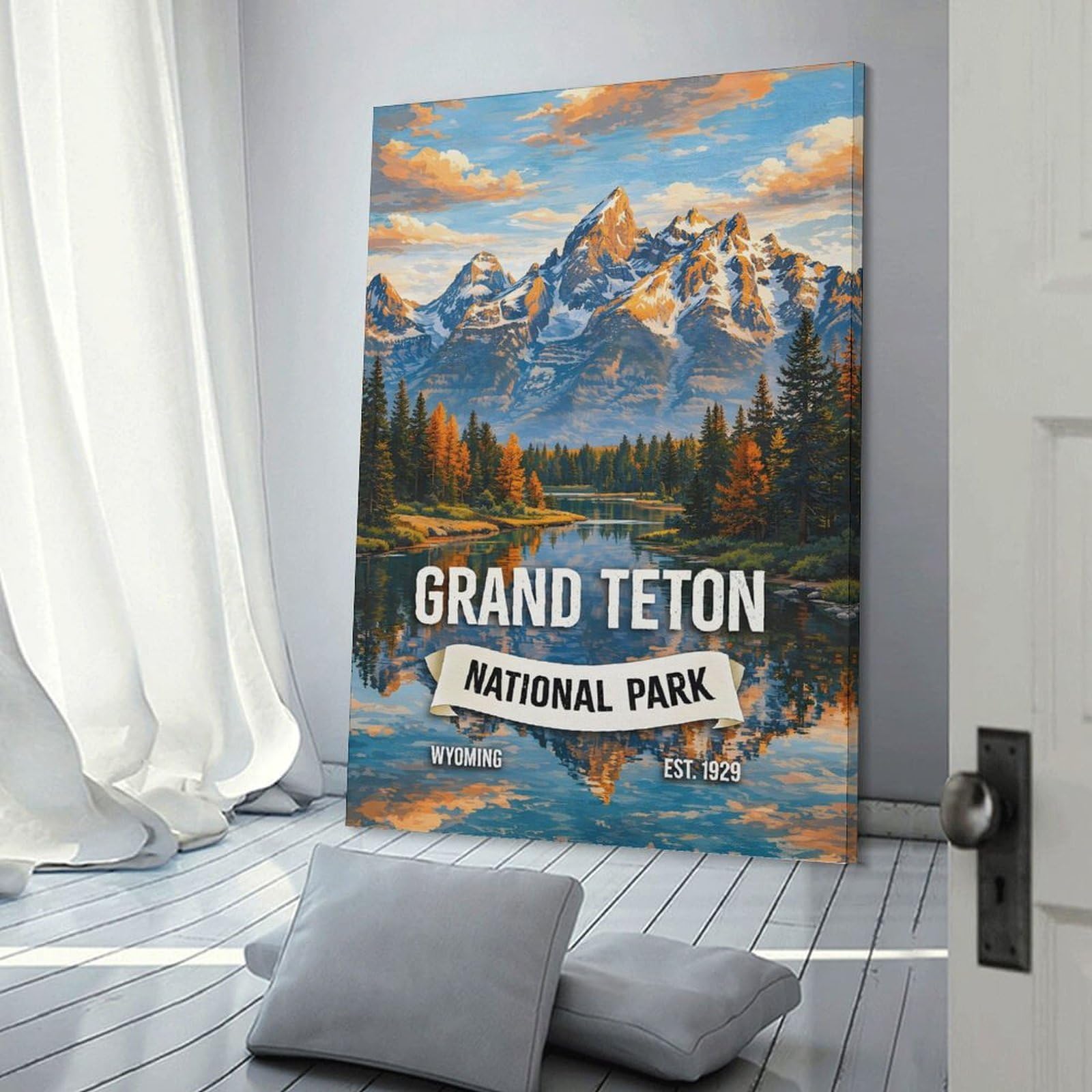 Junmoney Canvas Art Print Grand Teton National Park Vintage, 20x30inch(50x75cm), for Office, Study Or Home Workspace, Home Office Artwork with Decorative Appeal