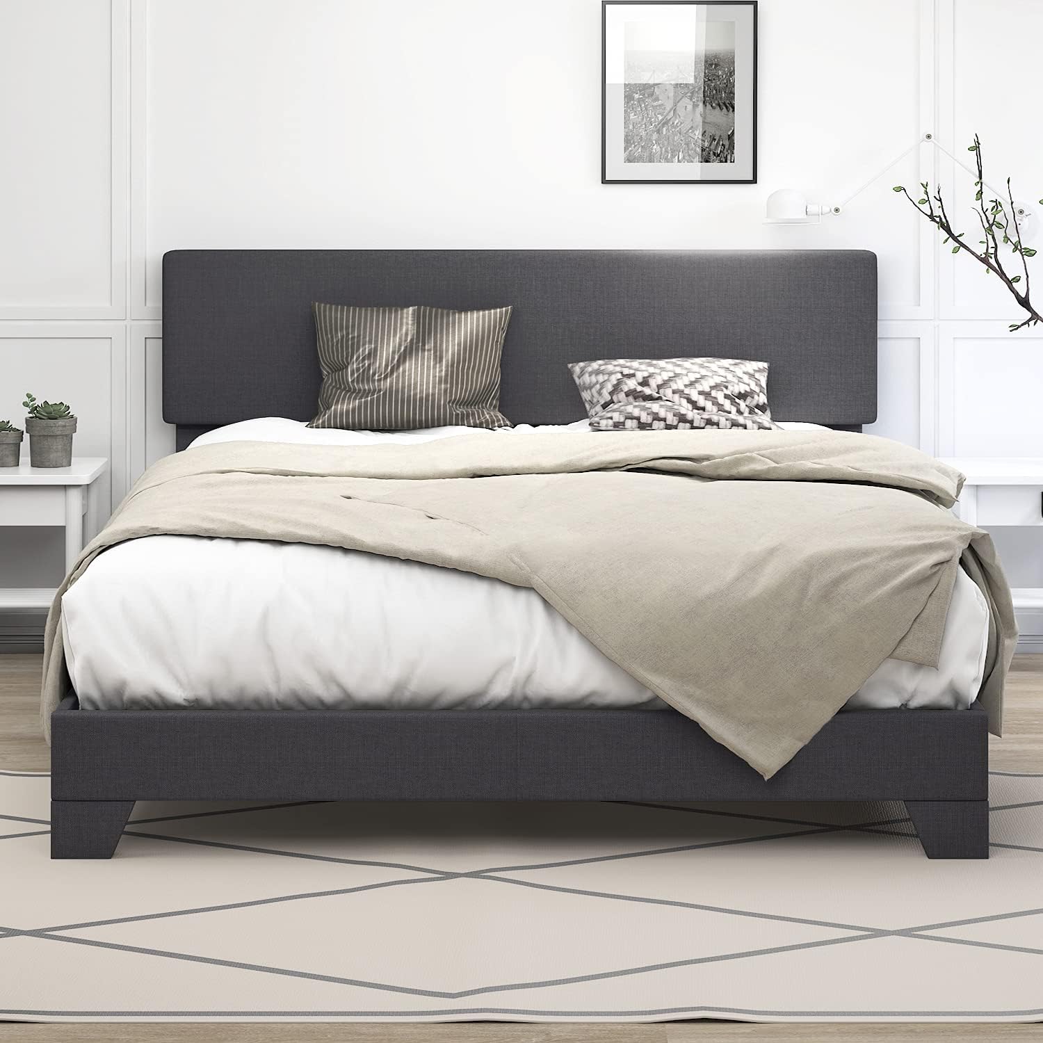 IMUsee King Size Bed Frame with Adjustable Headboard, Linen Upholstered Bed with Sturdy Wood Slats, Mattress Foundation with Wooden Slats, Easy Assembly, Box Spring Optional, Dark Grey