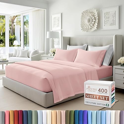 Pizuna Sábanas de algodón puro 100% tamaño Queen, lujosas sábanas de satén de algodón de fibra larga de 400 hilos con bolsillo profundo de 15