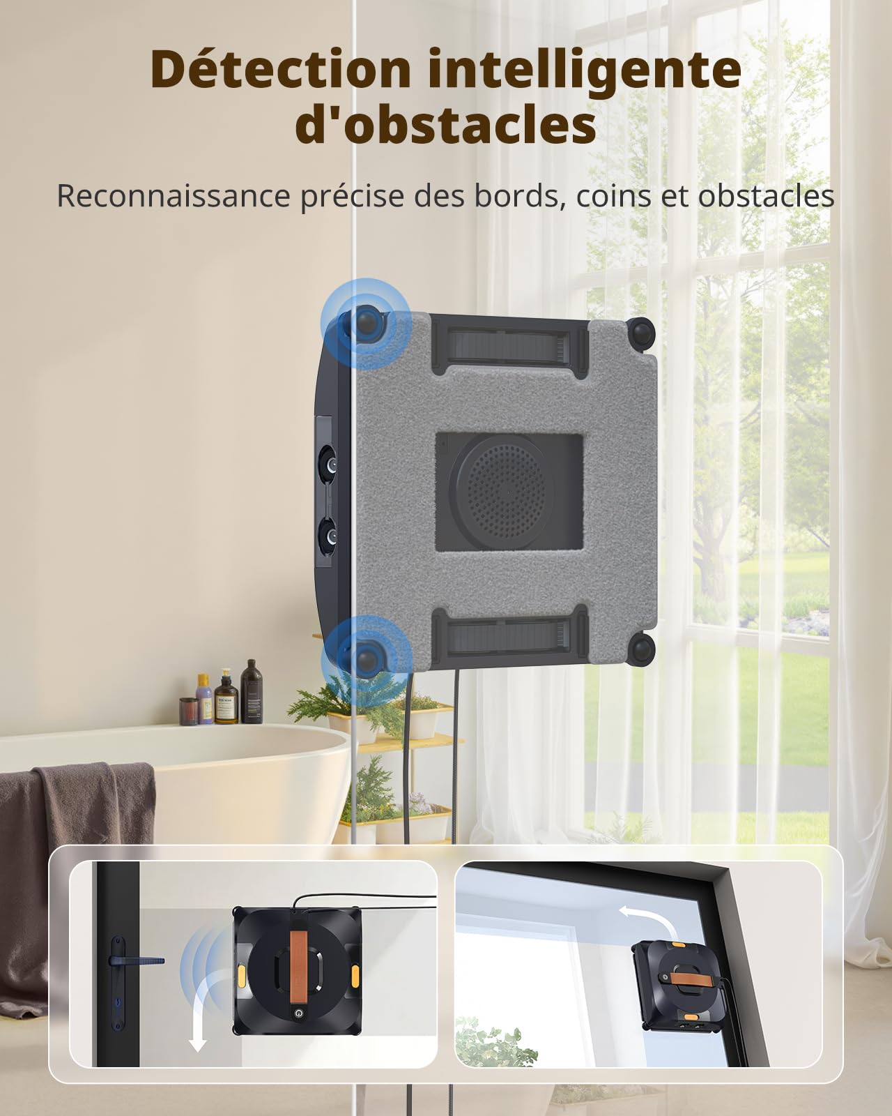 AIRMSEN YW733 Robot laveur de vitre, planification automatique, 4 modes de nettoyage, 4 buses de pulvérisation, grand réservoir 110 ml, 6000 Pa, pour vitres, parois de douche & miroirs