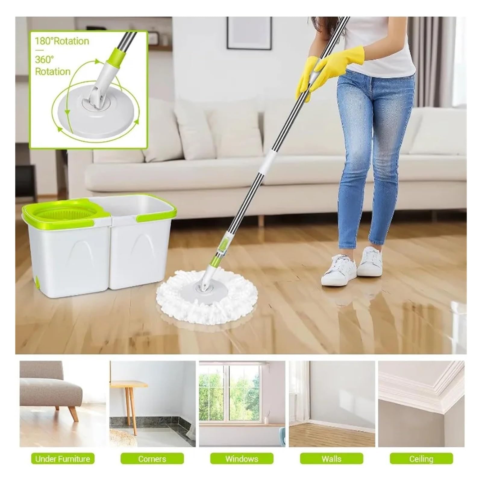 Sistema de Limpieza con trapeador Giratorio, trapeador y Cubo con escurridor for Limpieza de Pisos, Agua Limpia y Sucia separadas