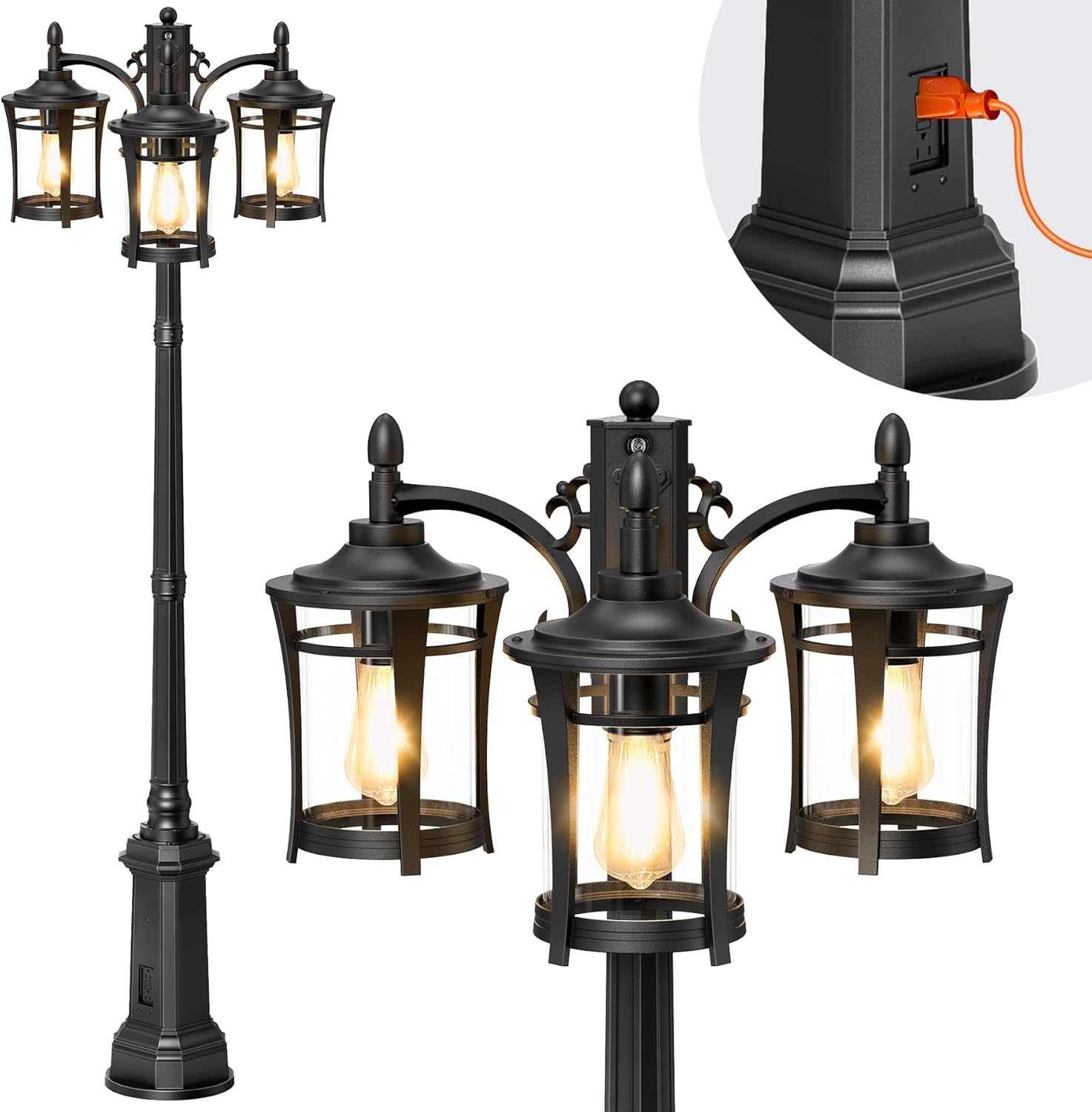 Lamomo Outdoor Lamp Posts with GFCI Outlet, Dusk to Dawn Aluminum 3 Head Light Fixture, Waterproof Pole Lamp for Street, Garden, Patio, Pathway Black