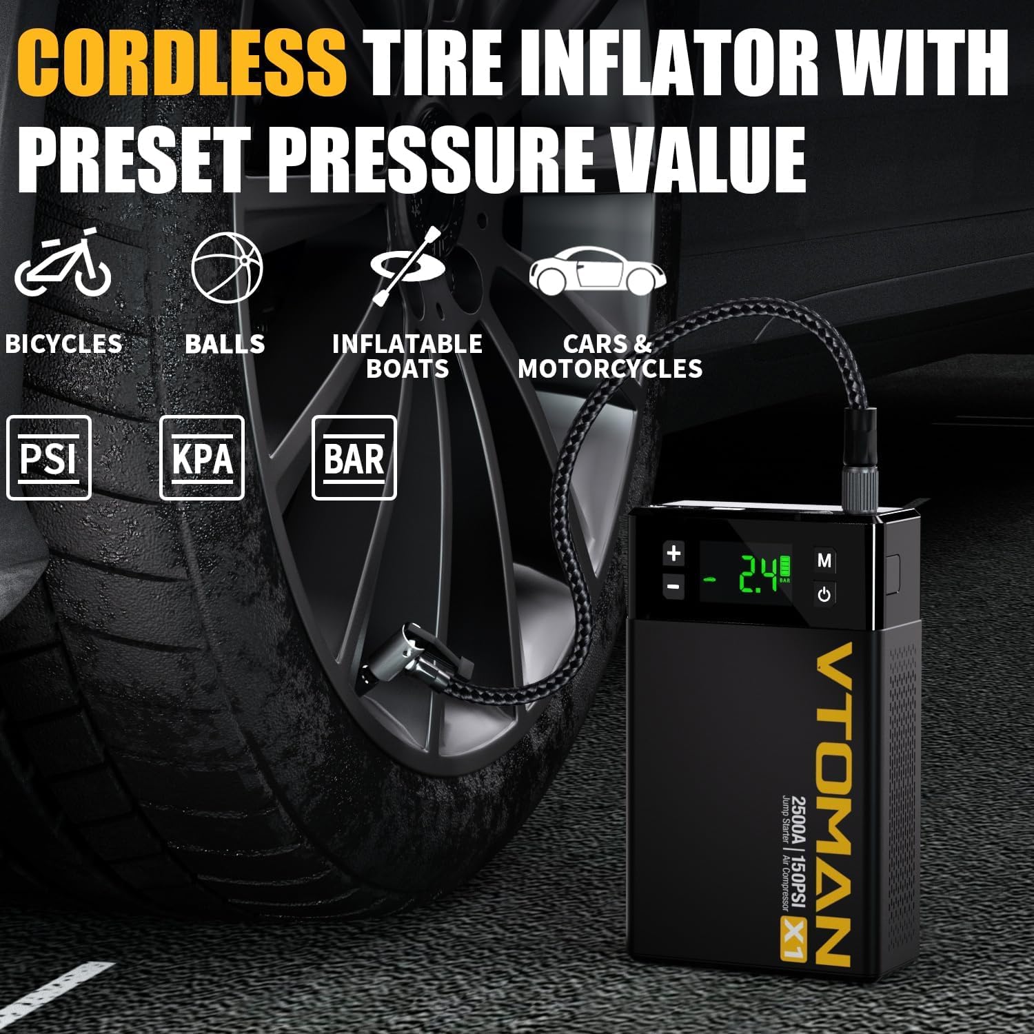 VTOMAN X1 Jump Starter with Air Compressor, Car Battery Jumper Starter (2500A,Up to 8.5L Gas/6L Diesel Engine) with 150PSI Auto + VTOMAN Air Inflator Hose