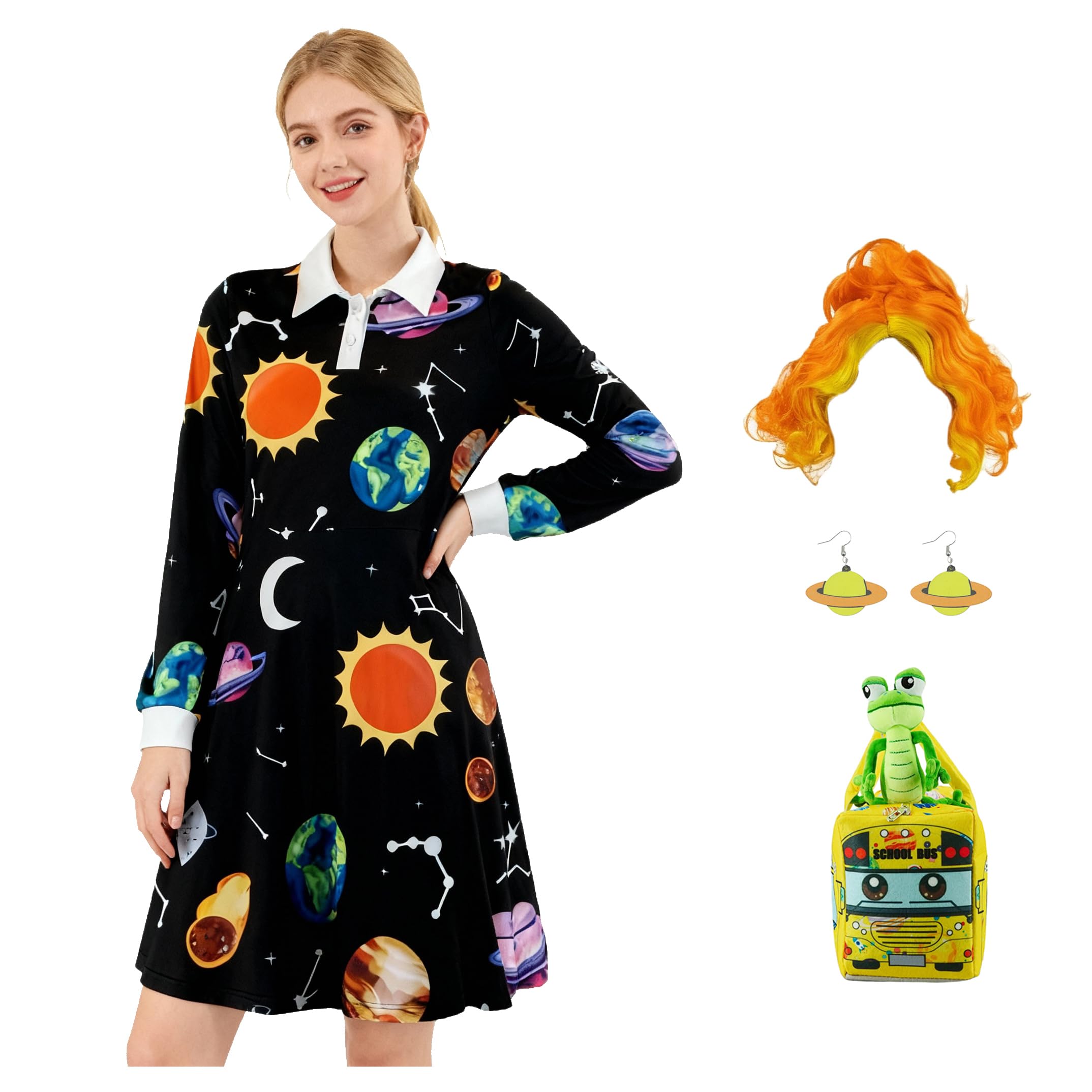Jaugola Womens Ms Frizzle Costume Planet Dress Earrings Wig Lizard School Bus Bag Halloween Party Teacher Outfit, Black, 3XL
