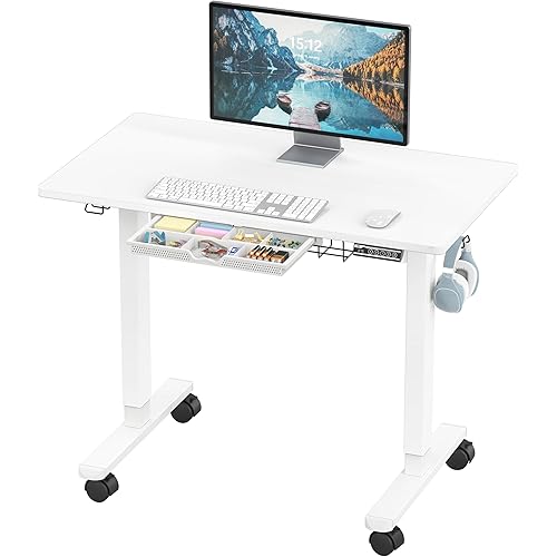 SHW 40-Inch Mobile Electric Height Adjustable Sit to Stand Desk with Drawer, Hanging Hooks and Cable Management, White
