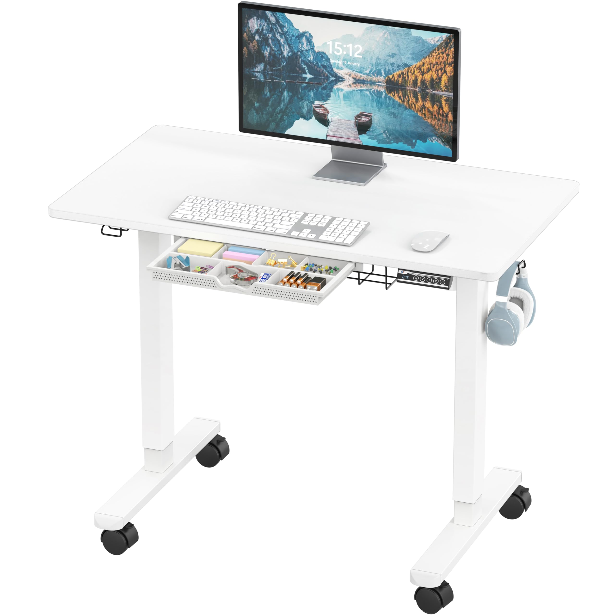 SHW 40-Inch Mobile Electric Height Adjustable Sit to Stand Desk with Drawer, Hanging Hooks and Cable Management, White