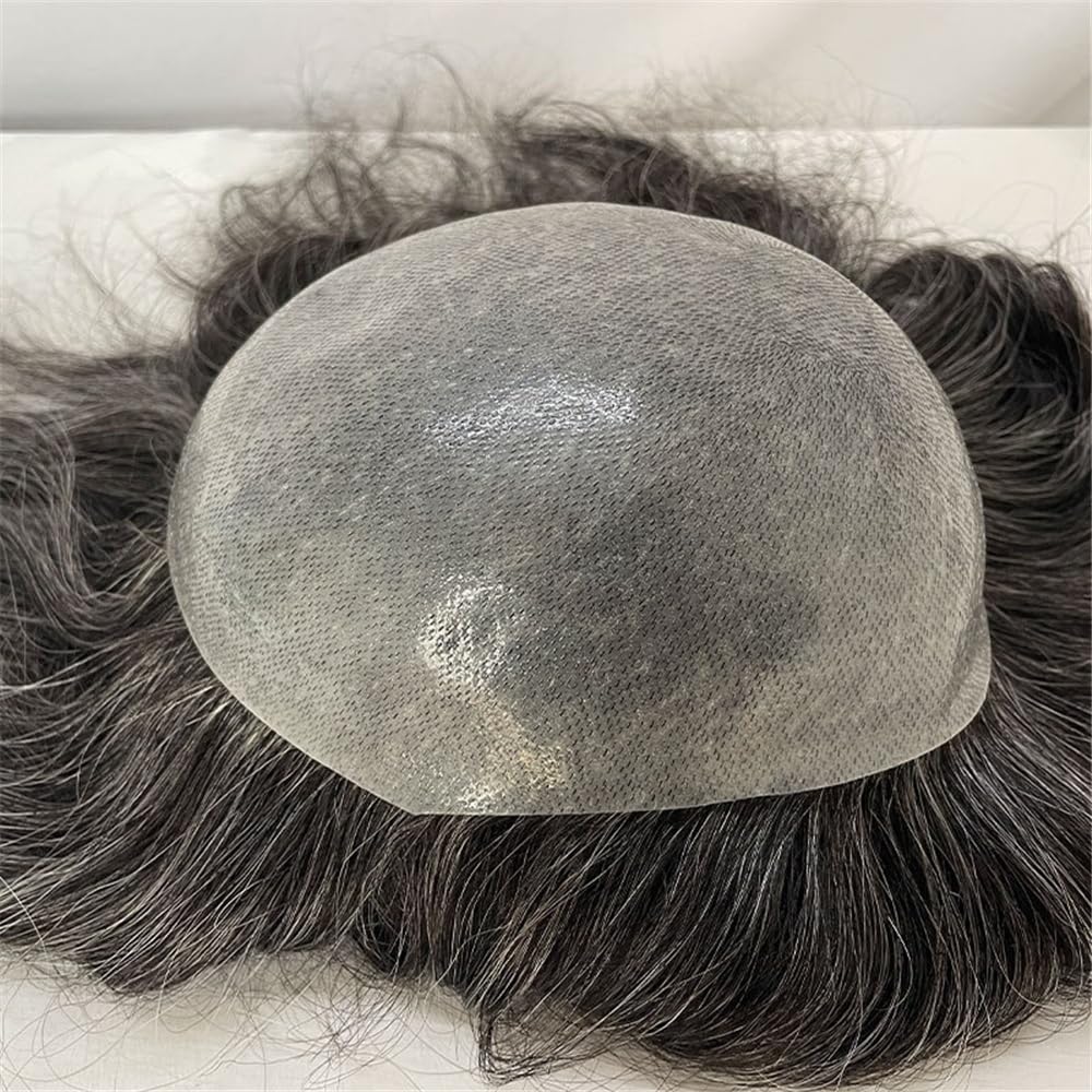 Men's Toupee Parrucca da uomo con capelli umani in PU, lunghezza 12 pollici, ultra sottile, con anello a V, 8''x10''