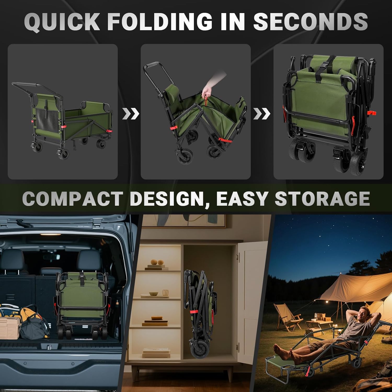 Sequence of images showing the wagon unfolding from compact to open