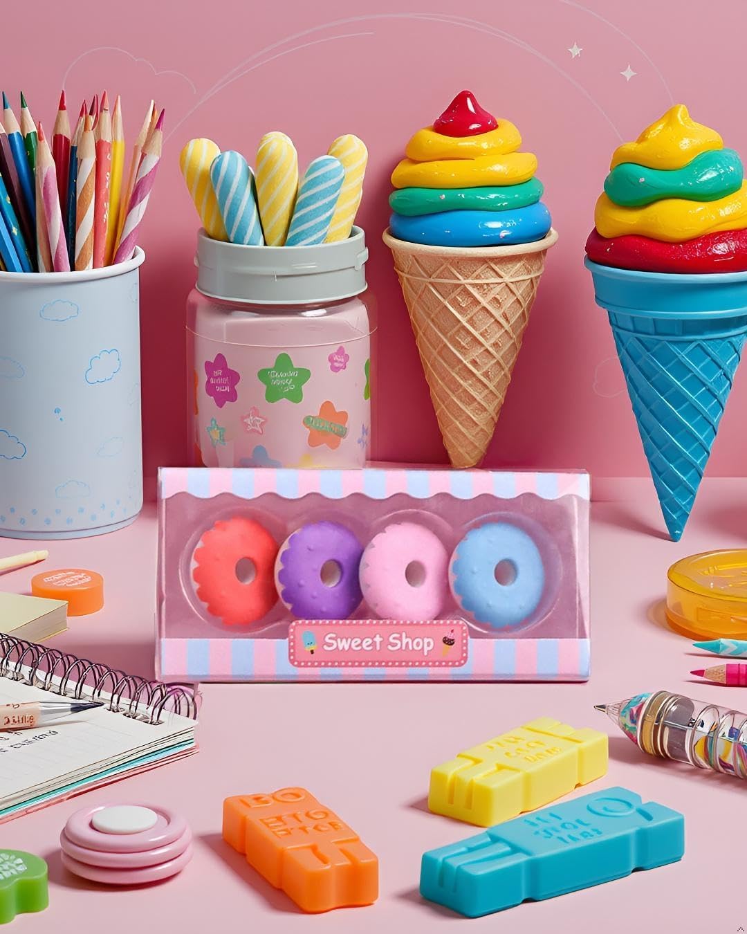 Conjunto de 4 peças de borrachas coloridas 3D bonito quebra-cabeça borracha criativa papelaria formas de donut LCC725-12