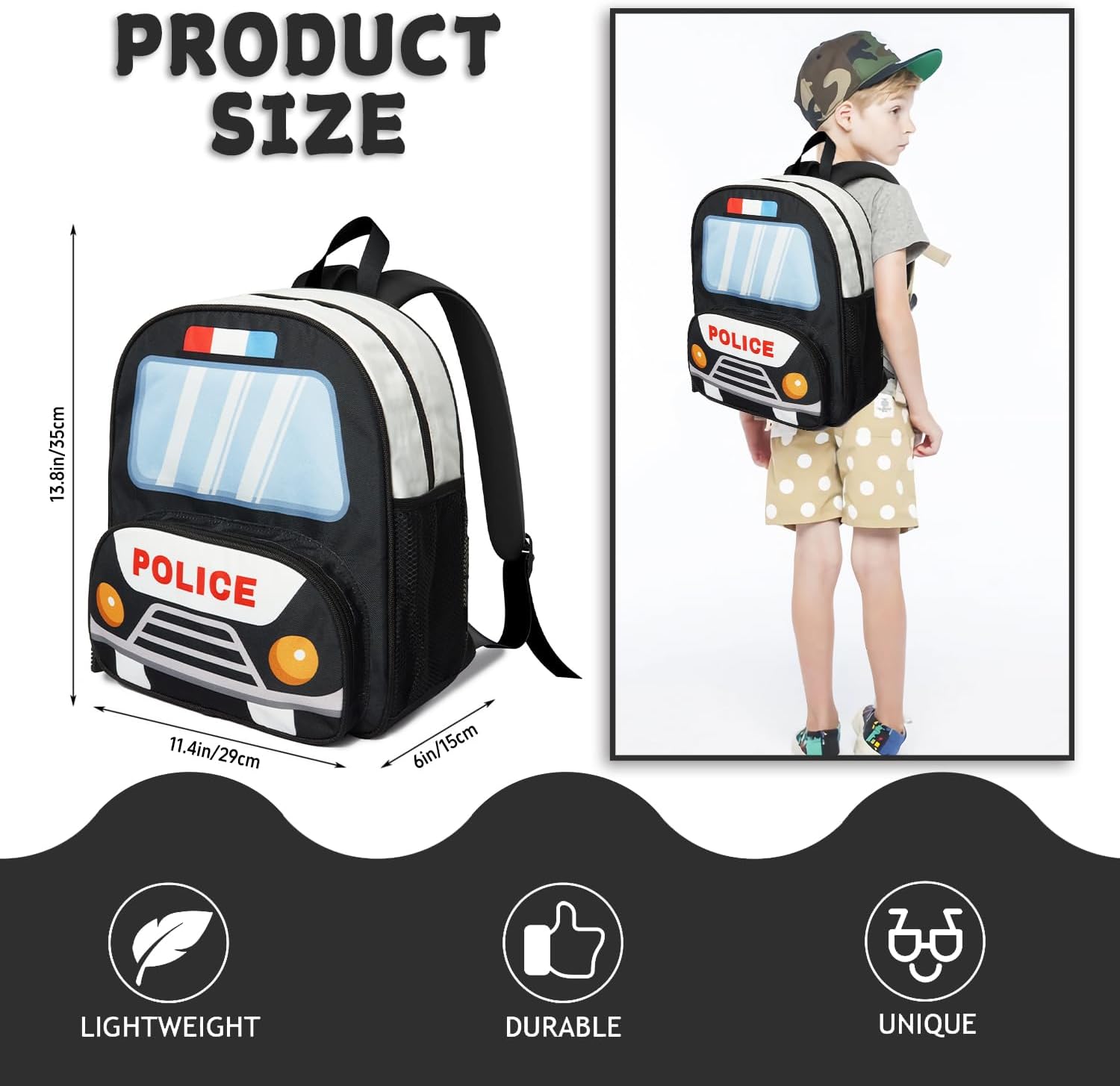 Toddler Backpack for Boys 3-8: Preschool Kindergarten Backpack - Cute Kids Backpacks for Boys-Police Car - Image 3
