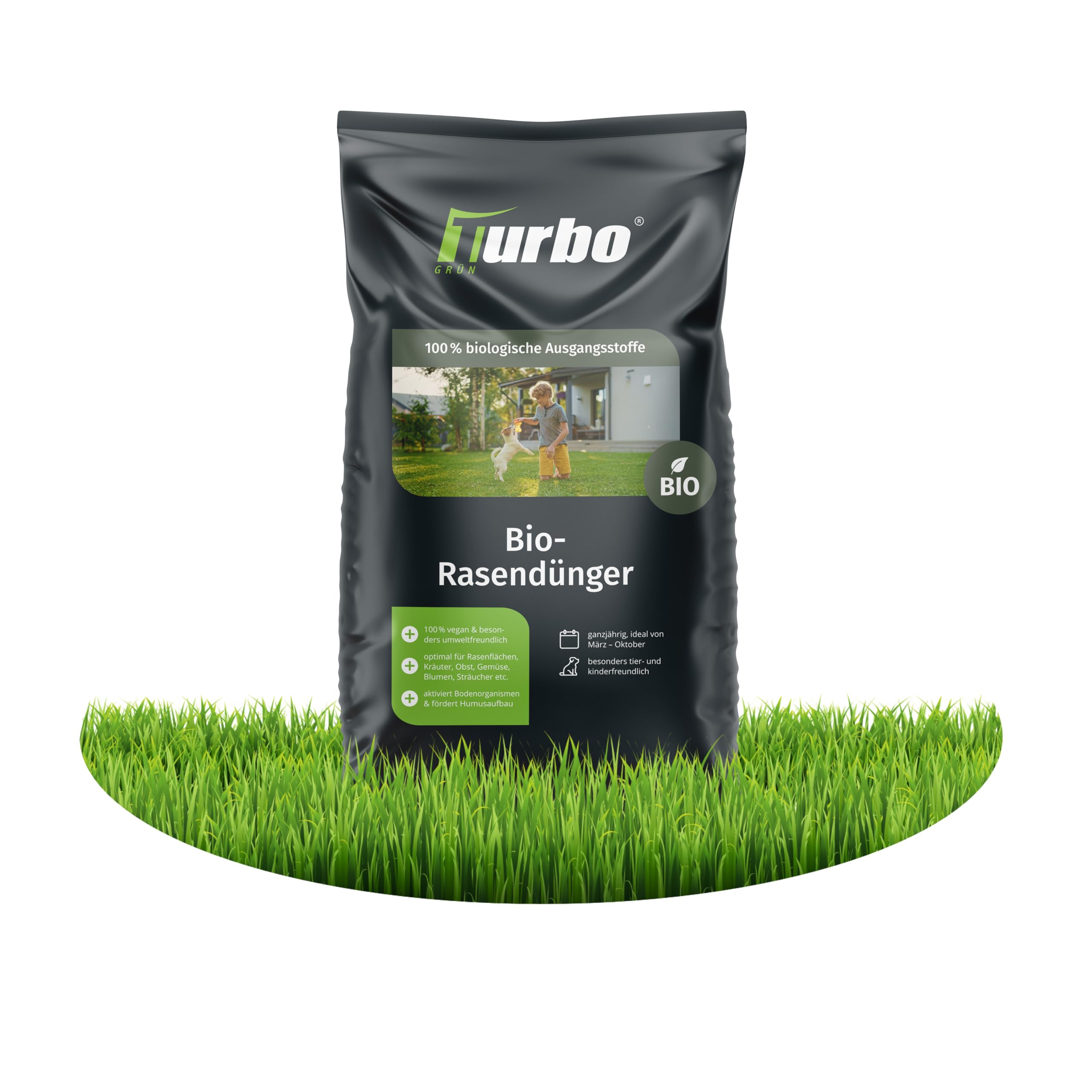Turbogrün Bio Rasendünger Frühjahr, 5kg für 60m², organischer Rasendünger, ideal für Frühjahr und Sommer, geeignet für Streuwagen, staubarmes Granulat