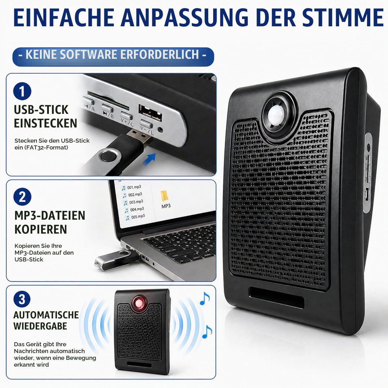 PIR Bewegungsmelder Sprachalarm mit 100dB Lautsprecher, 10W Sprachansage Gerät mit MP3 Wiedergabe, Bewegungsmelder Sprachansage für Geschäft, Lager, Aufzug, Baustelle und Sicherheitswarnung